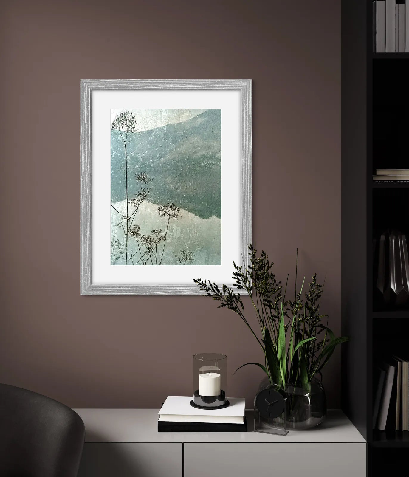 Echoes of Stillness – Misty Mountain Botanical Reflection Print