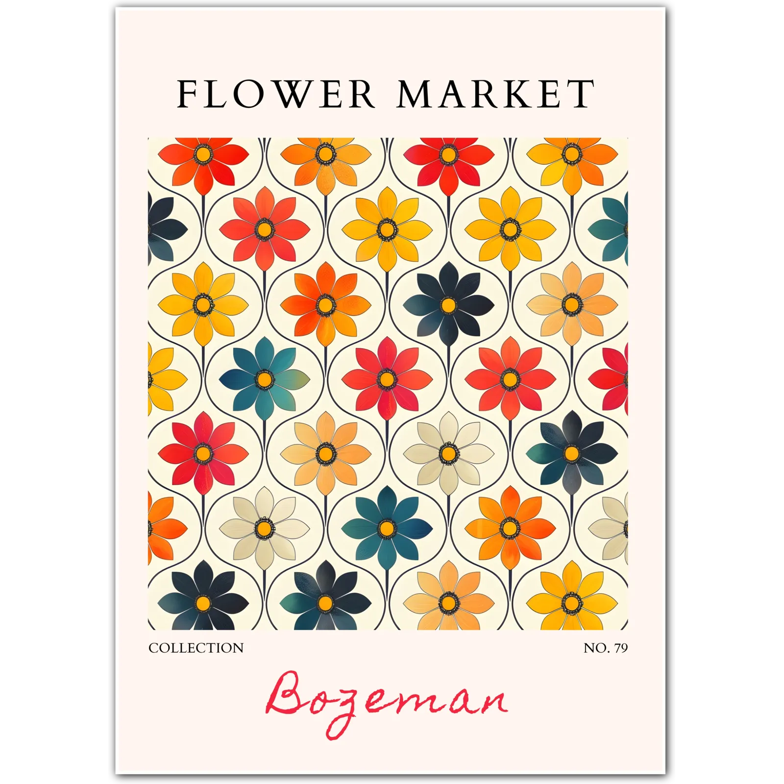 Bozeman Retro Bloom – Mid-Century Floral Art in Bold Colours