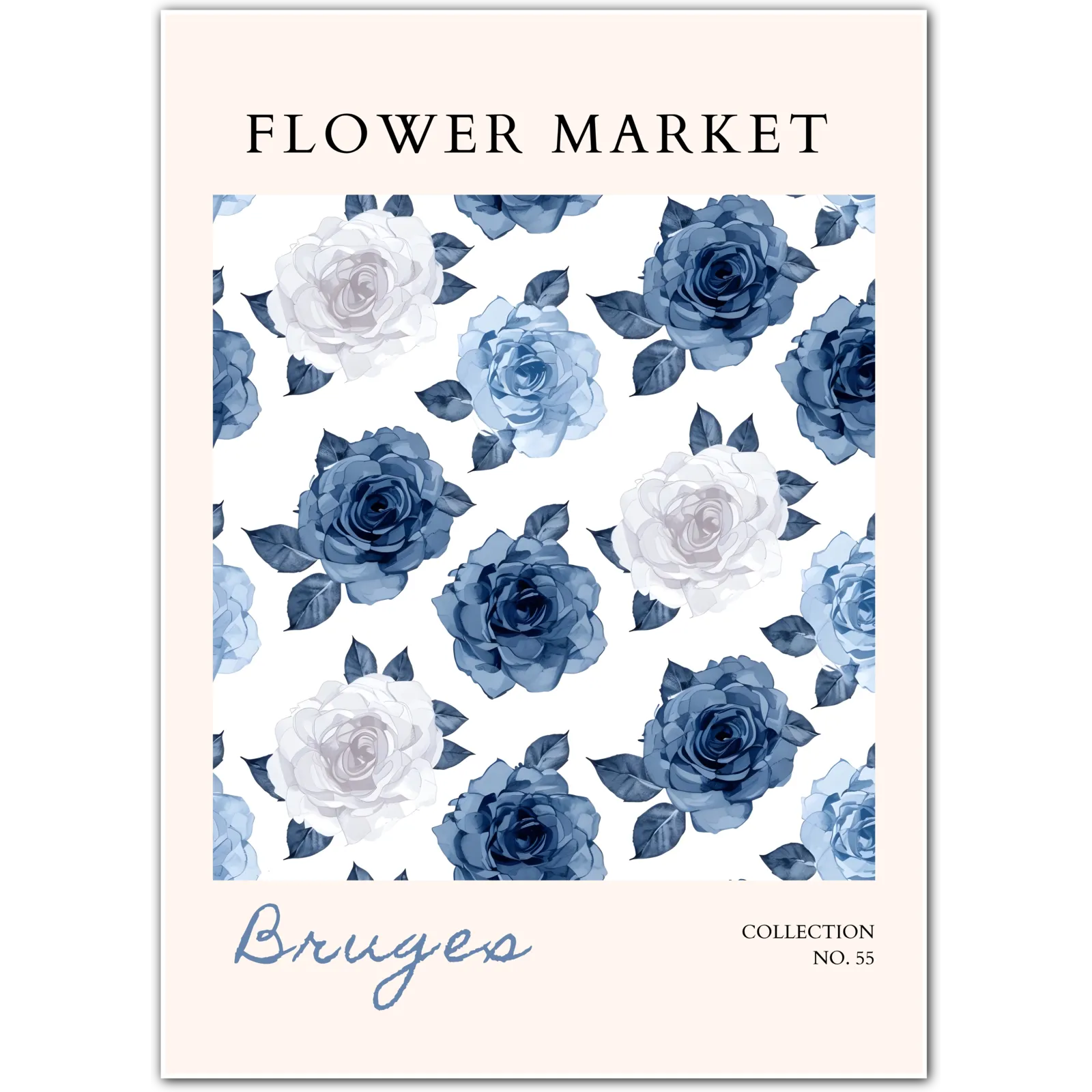 Bruges Flower Market Art Print – Blue Rose Watercolour Elegance
