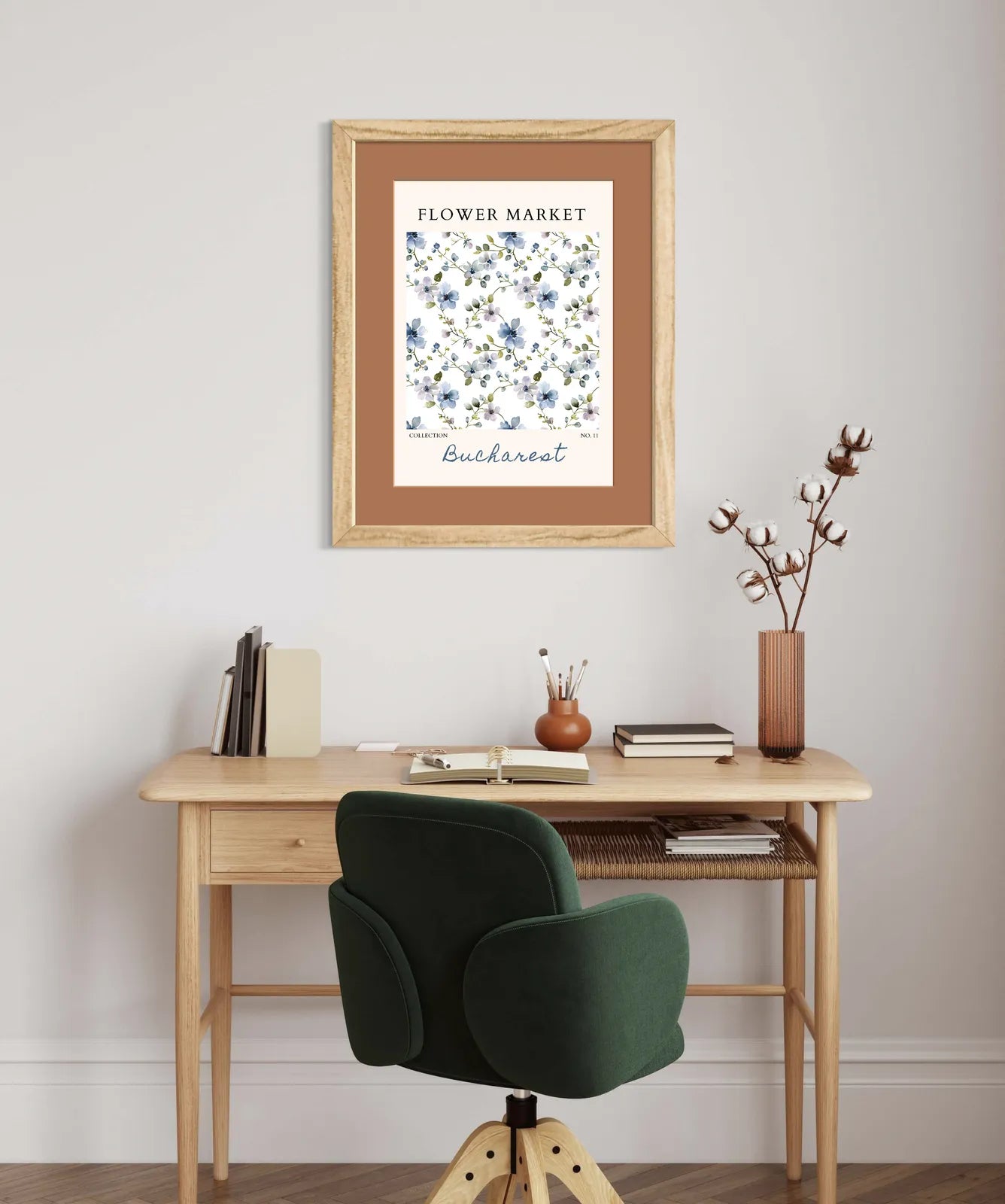 Bucharest Flower Market Art Print – Hand-Painted Wildflowers in Blue & Olive