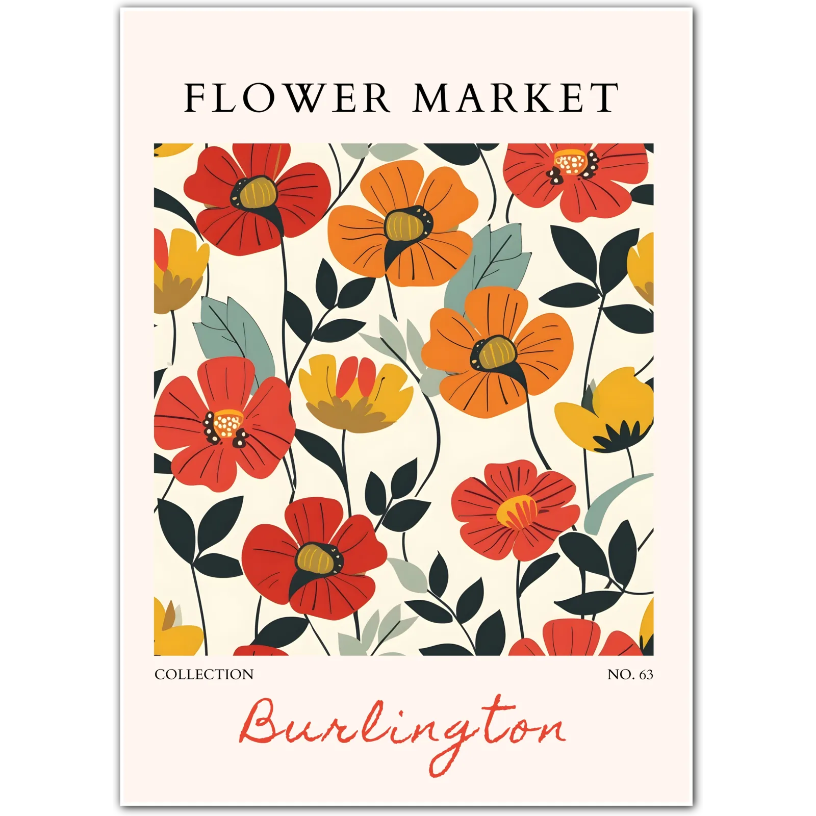Burlington Flower Market Art Print – Bold Mid-Century Poppies in Red & Yellow