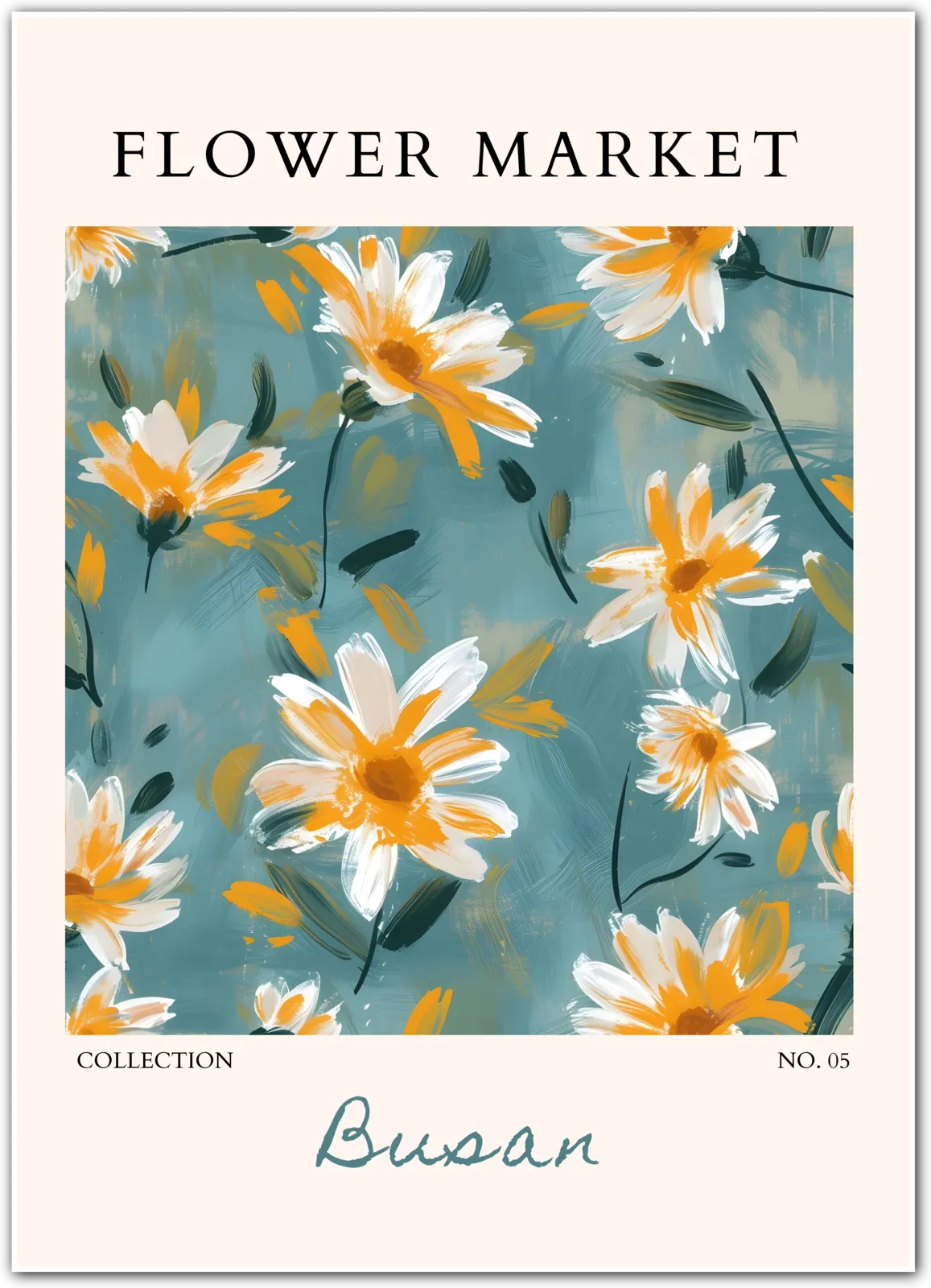 Busan Daisies Art Print – Painterly Coastal Blooms in Teal and Gold