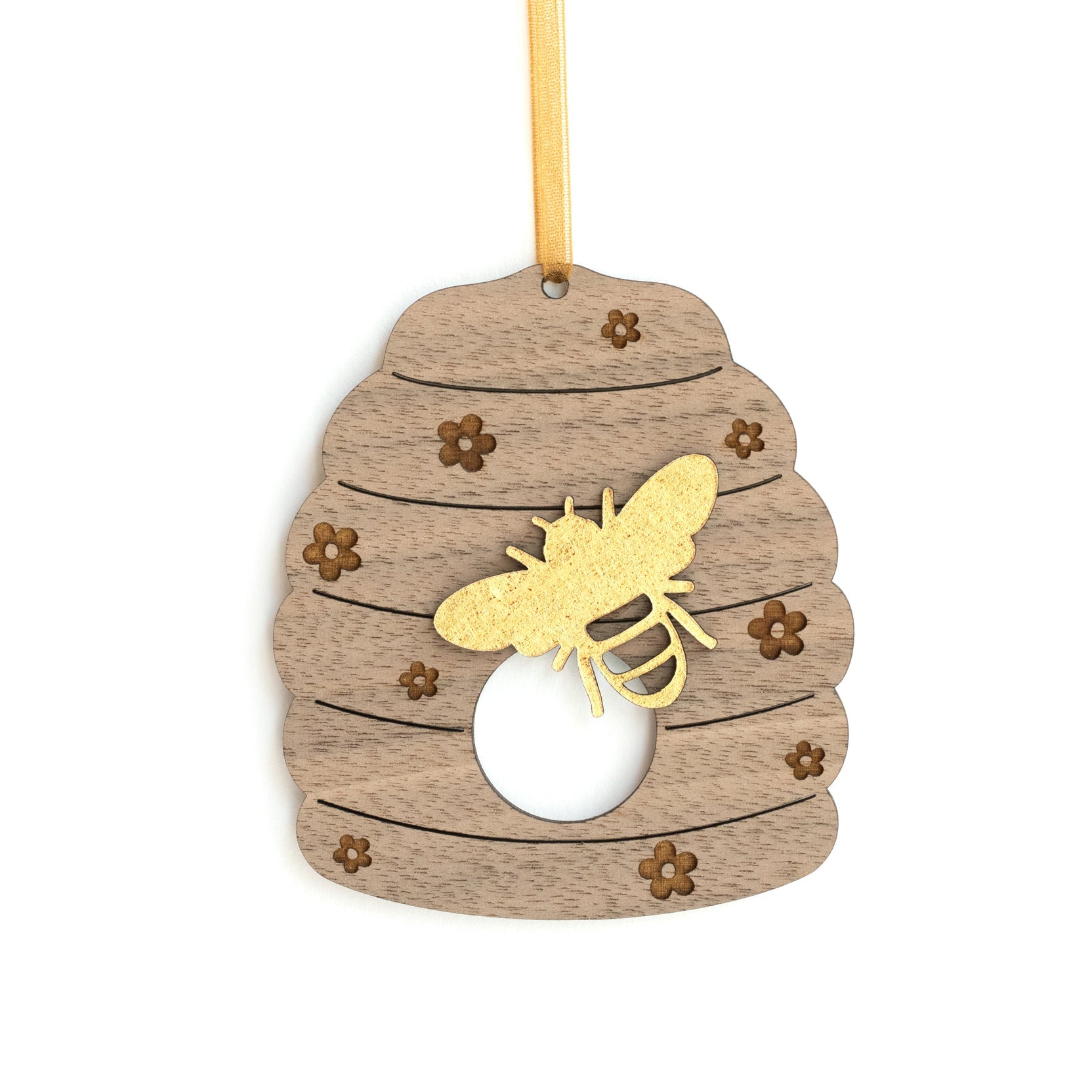 Wooden Beehive Hanging with Golden Bee Detail
