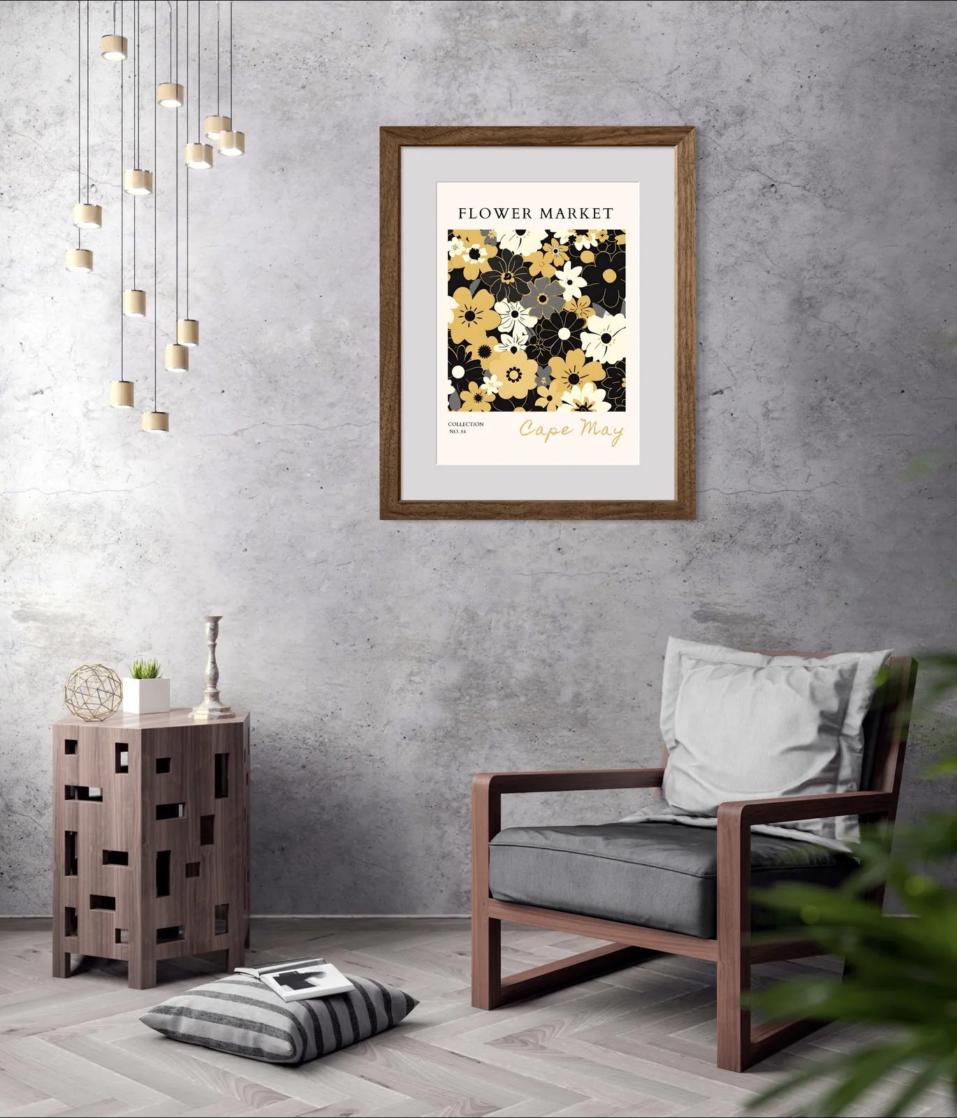 Cape May Retro Floral Art Print – Black, Cream and Mustard Mid-Century Style