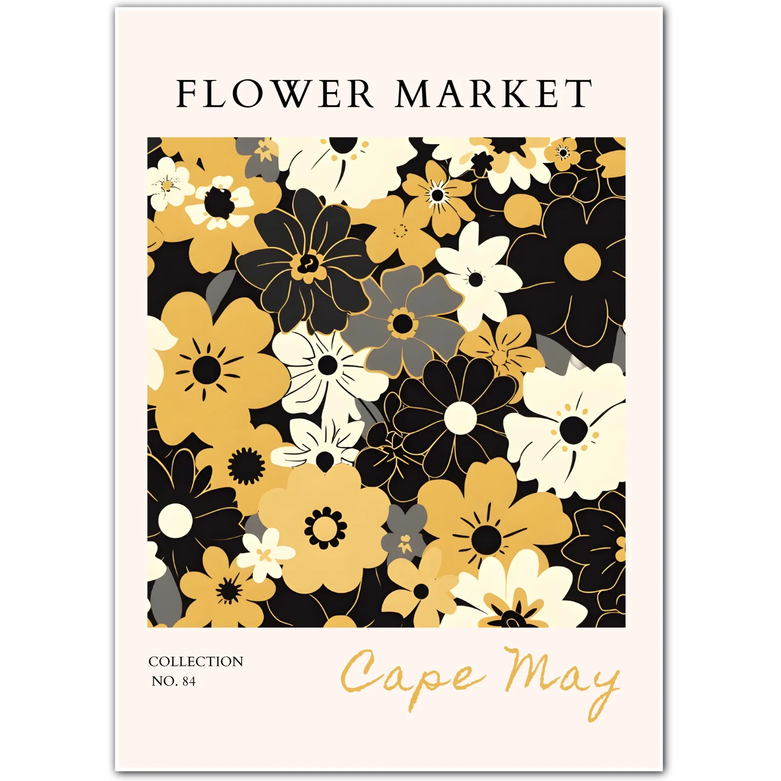 Cape May Retro Floral Art Print – Black, Cream and Mustard Mid-Century Style