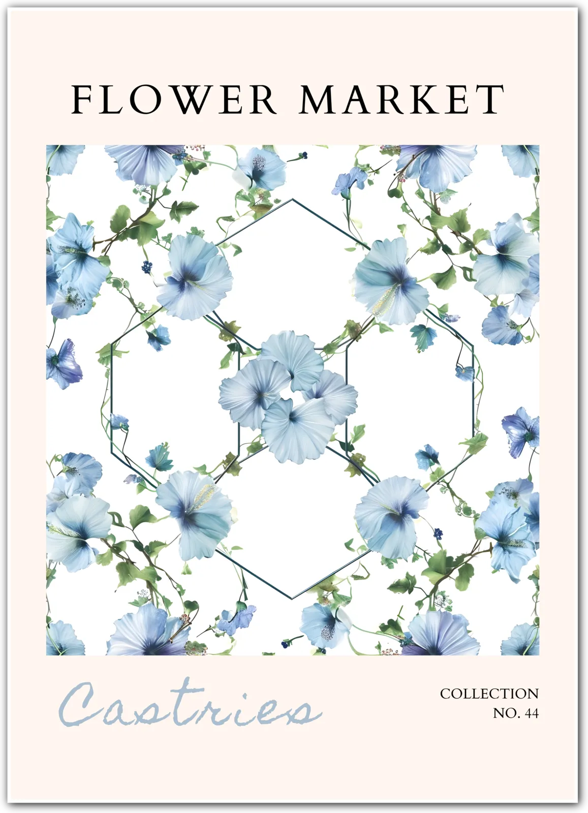 Castries Blue Hibiscus Print – Tropical Floral Geometry with Soft Greens