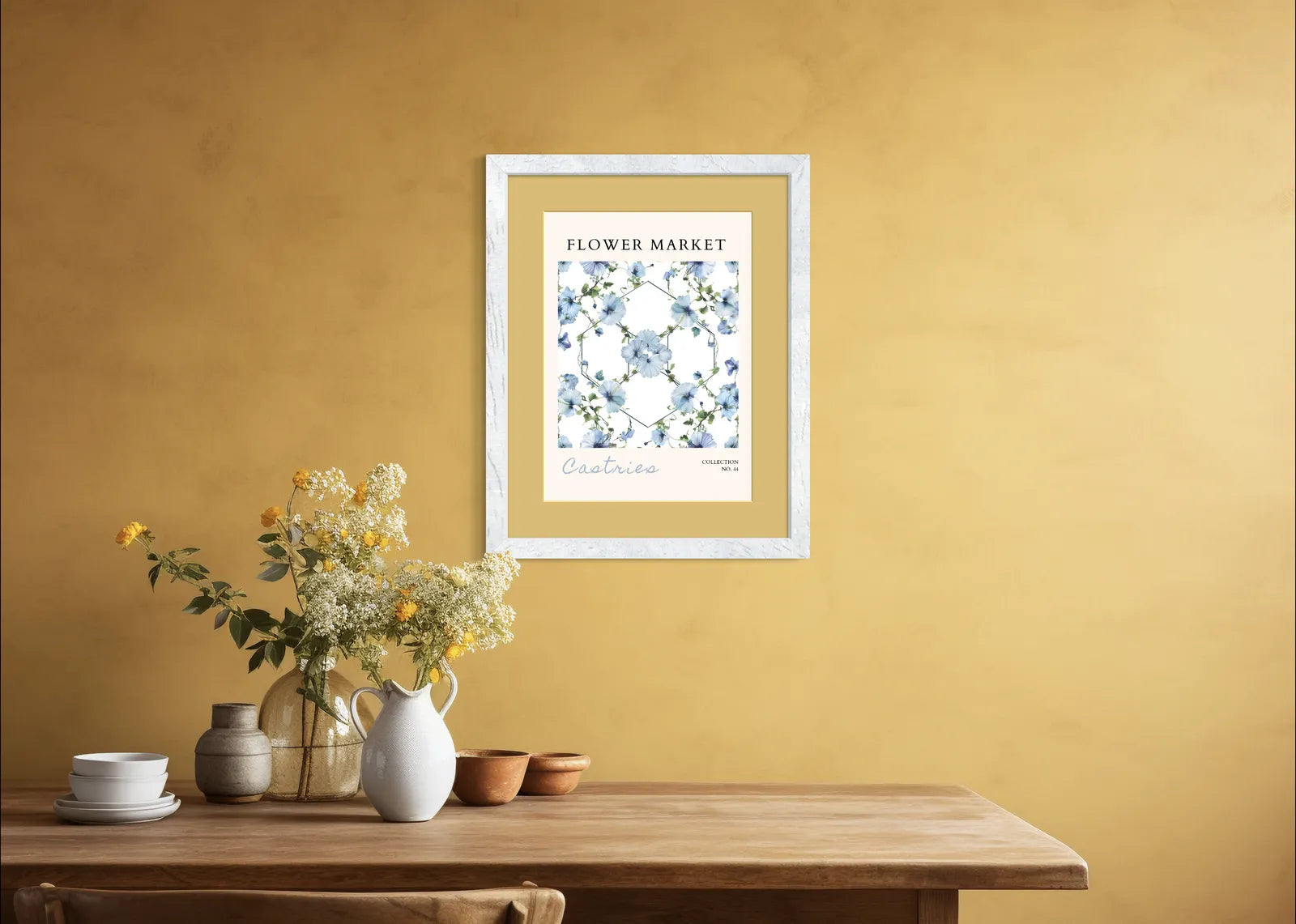 Castries Blue Hibiscus Print – Tropical Floral Geometry with Soft Greens