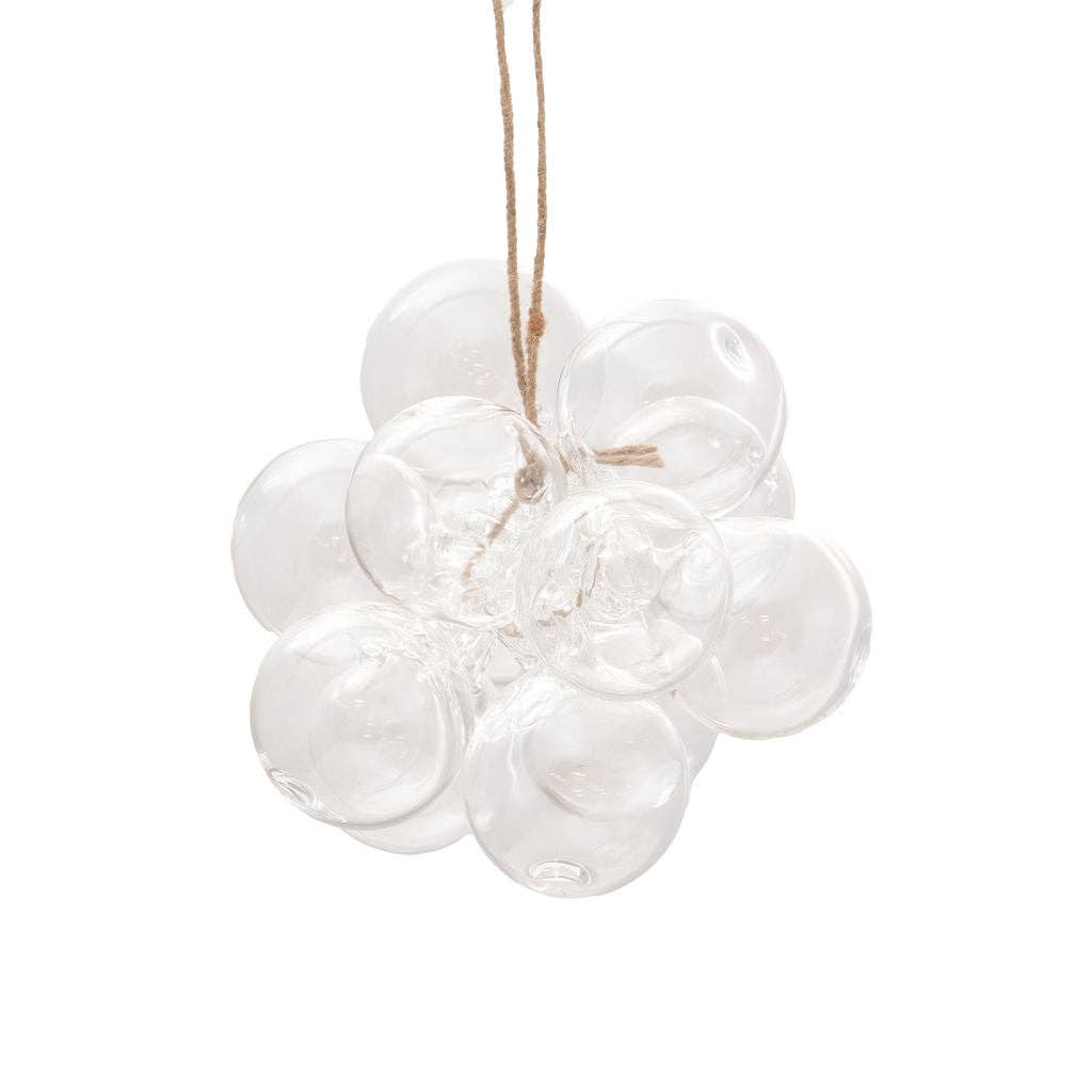 A clear glass bubble cluster hanging ornament with a natural jute hanging string, shown against a solid white background.