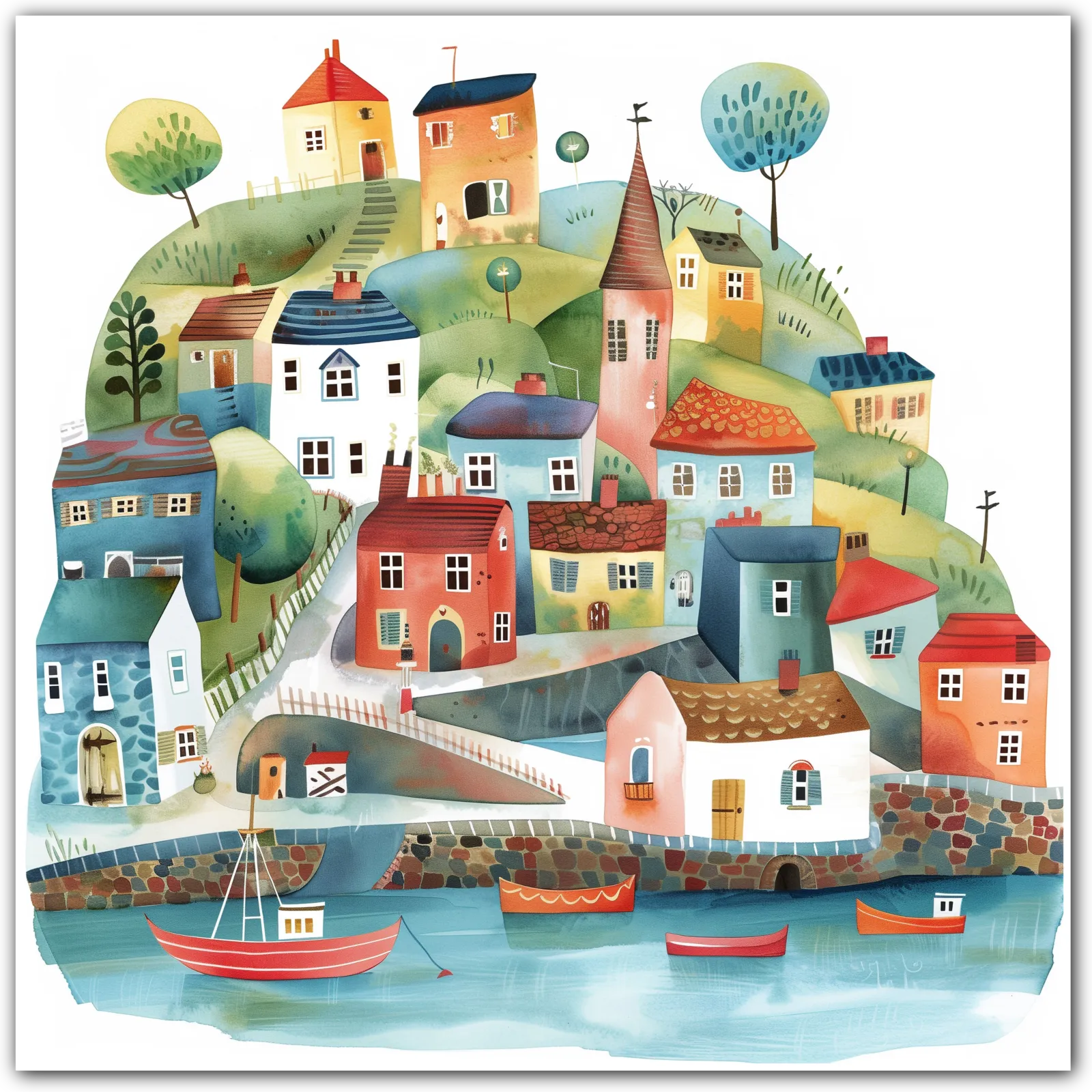 Colourful illustration of a coastal village with houses on hills and boats on water.