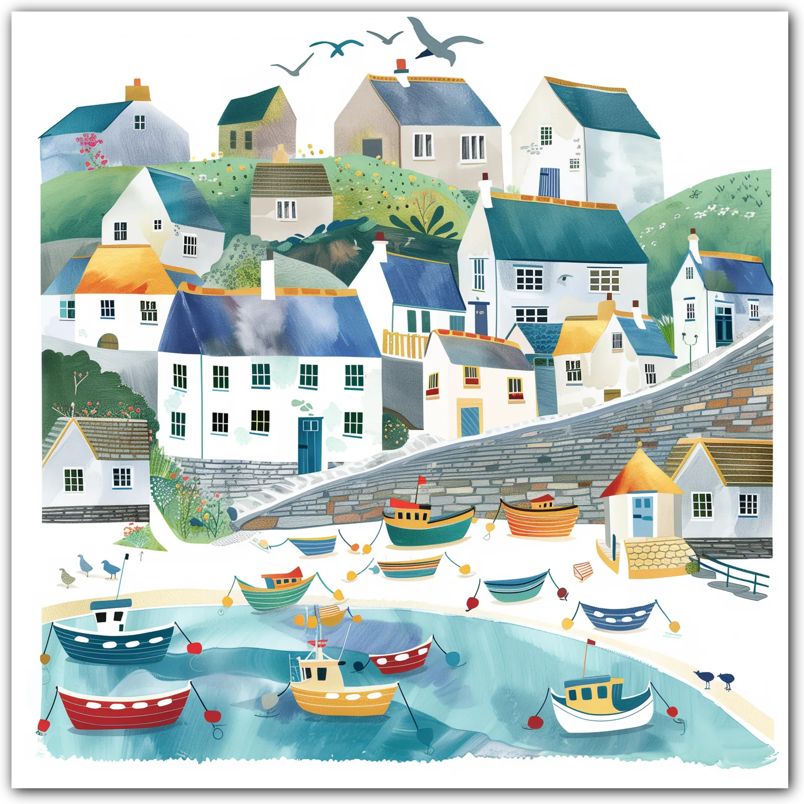 Colourful art print of a coastal village with boats in a harbour and houses on hills.