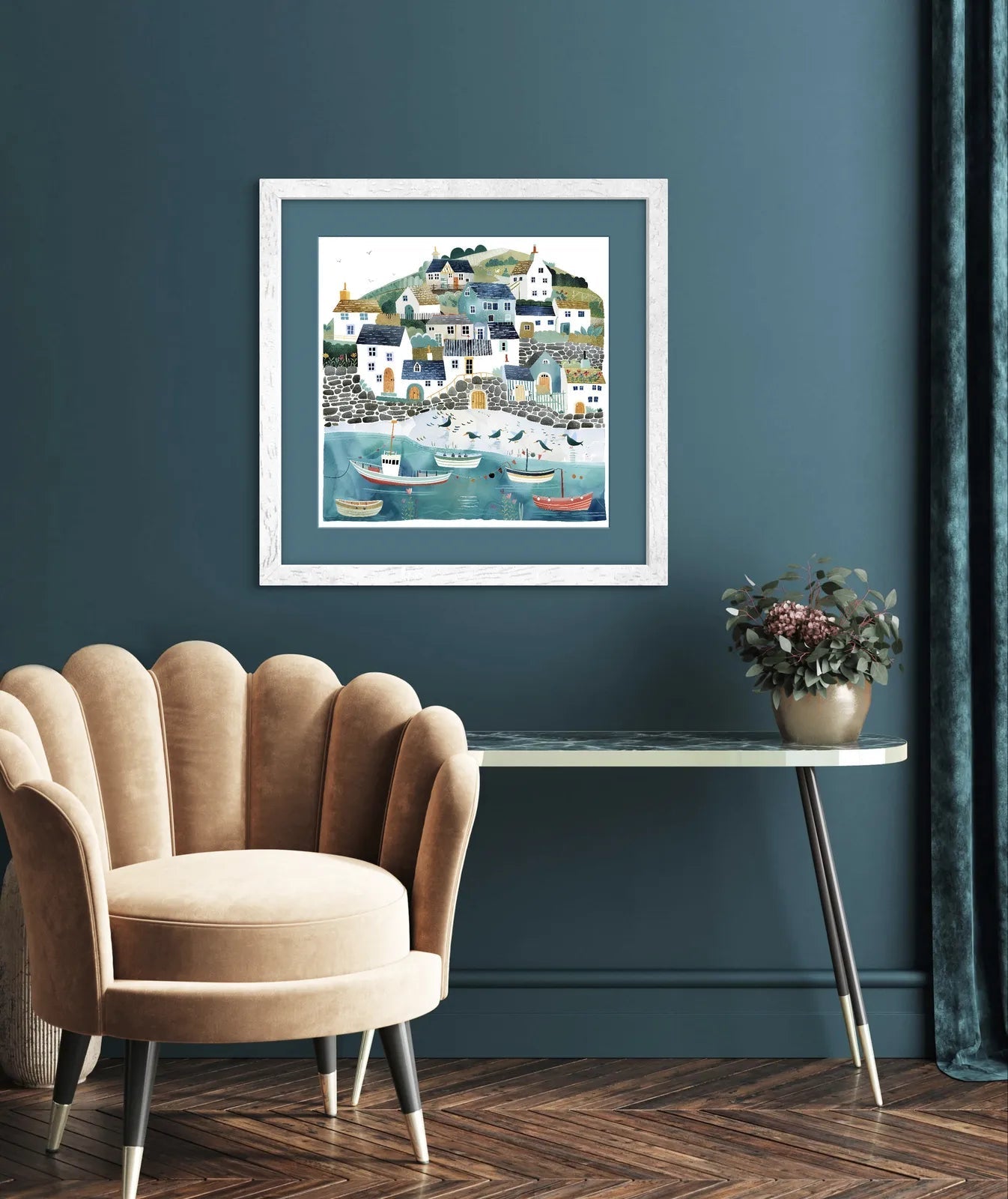 Artwork of a coastal village with houses, boats on water, and flying birds.