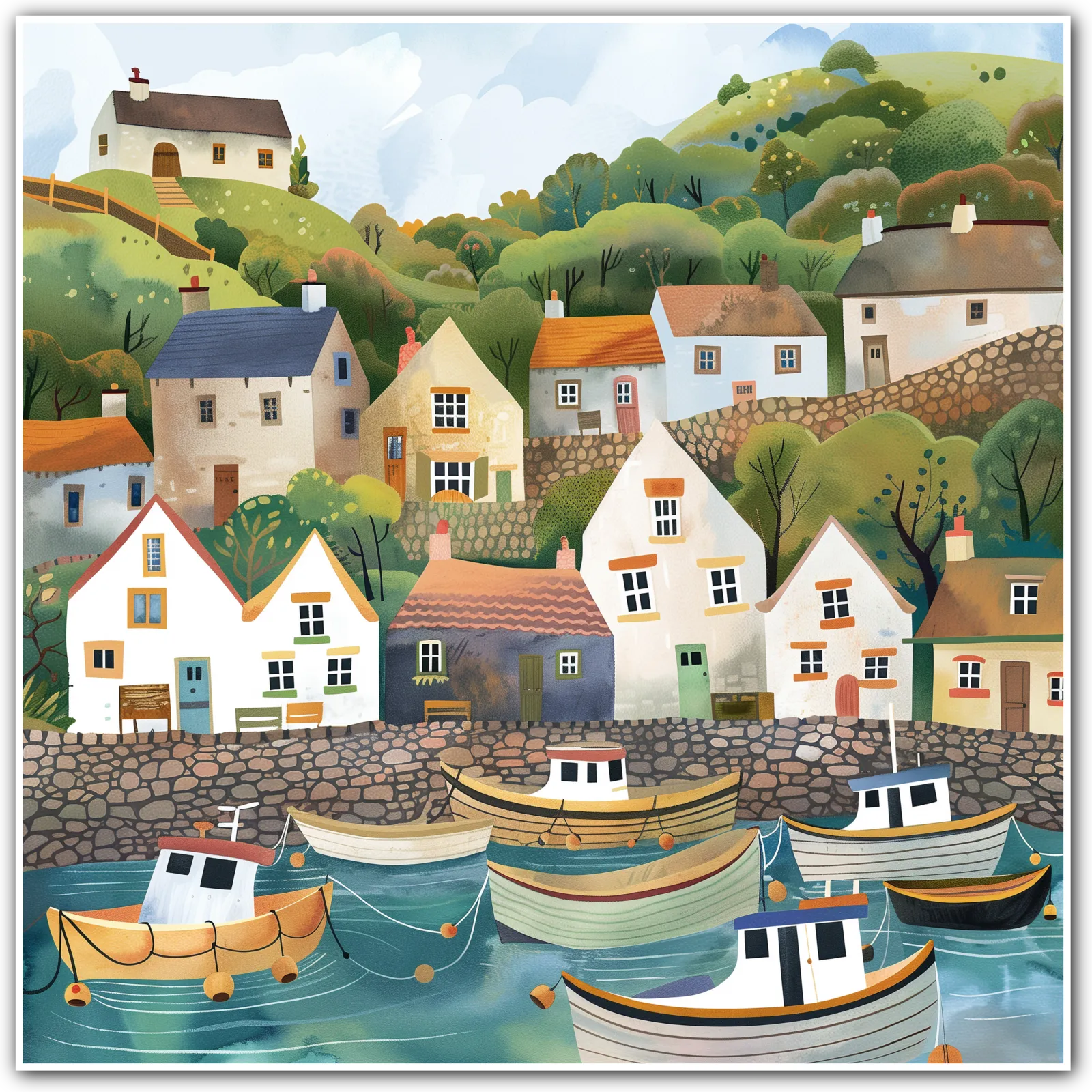 Artwork depicting a quaint coastal village with colourful houses and boats in a harbour.