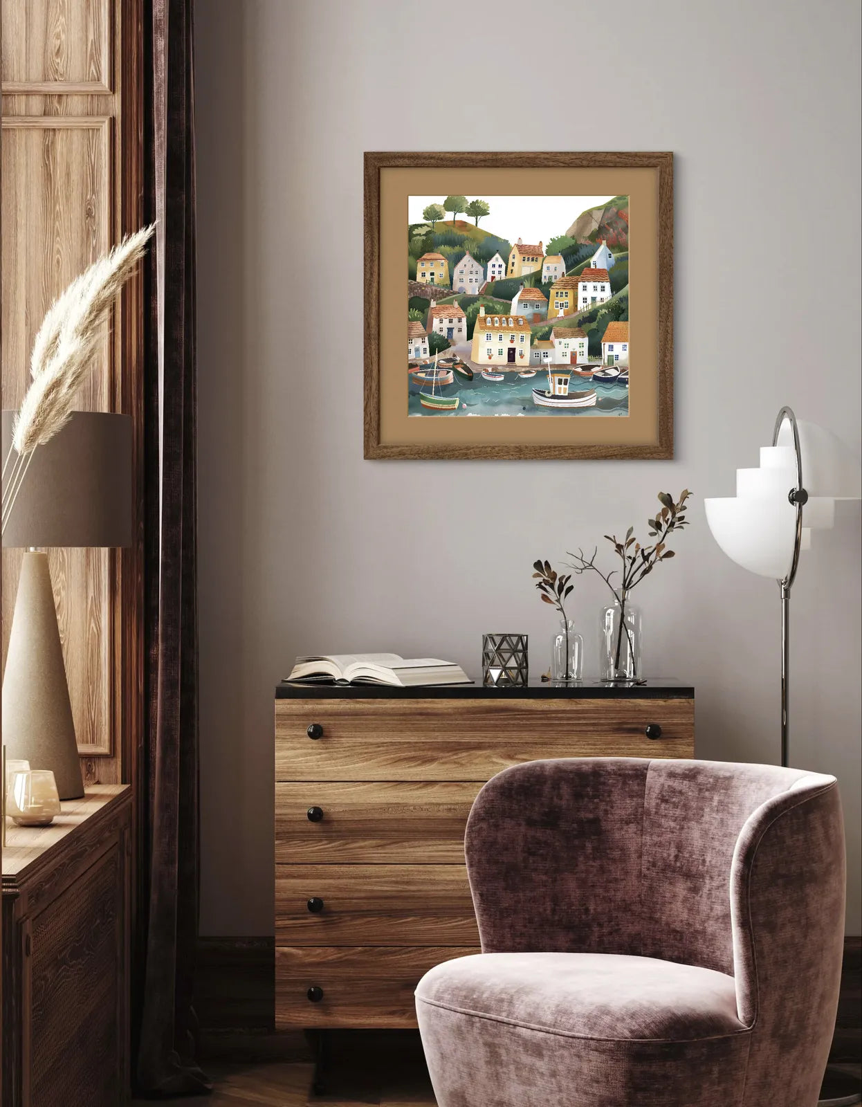 Illustration of a coastal village with houses and boats in a harbour.