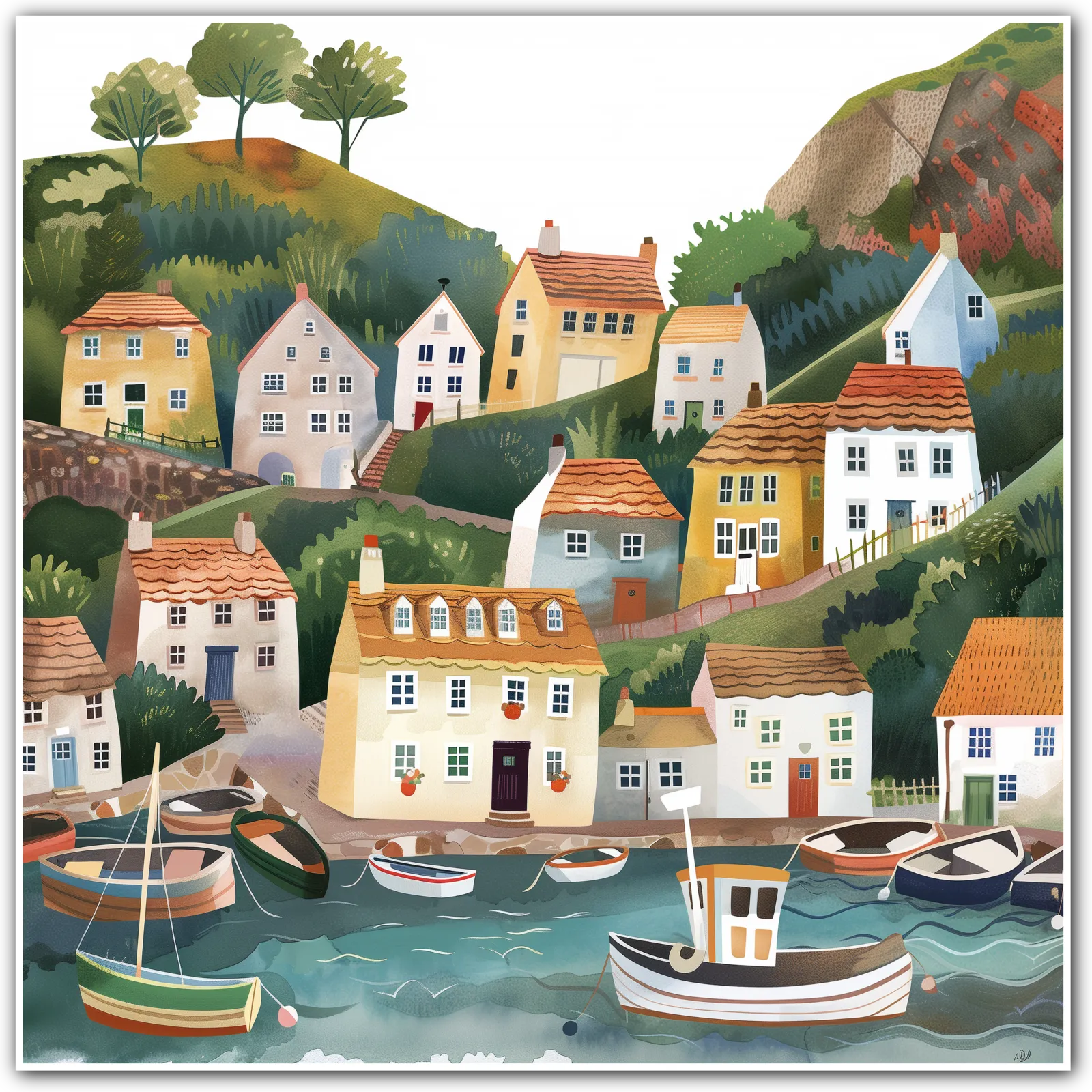 Illustration of a coastal village with houses and boats in a harbour.