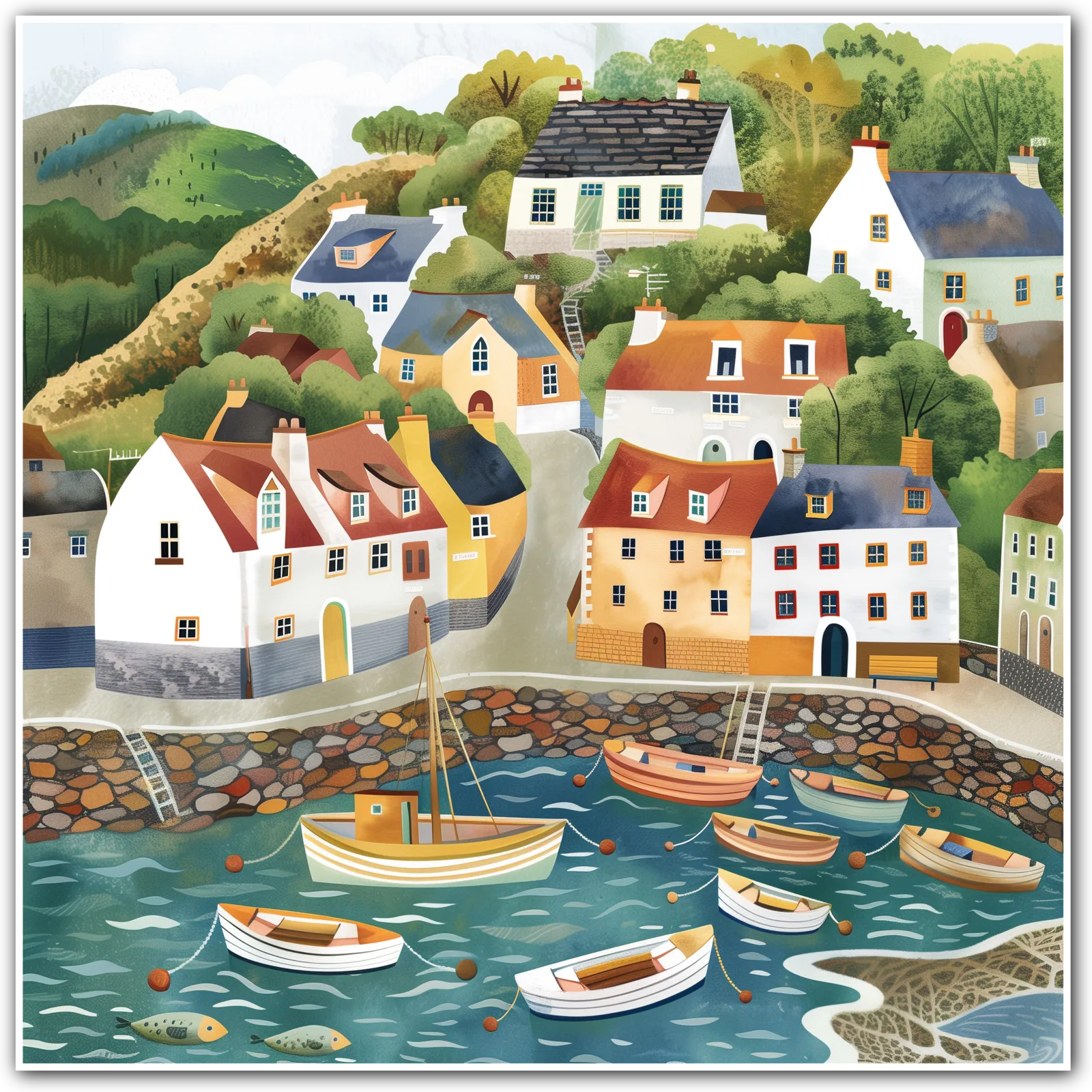 Artwork of a colourful coastal village with cottages and boats in a harbour.