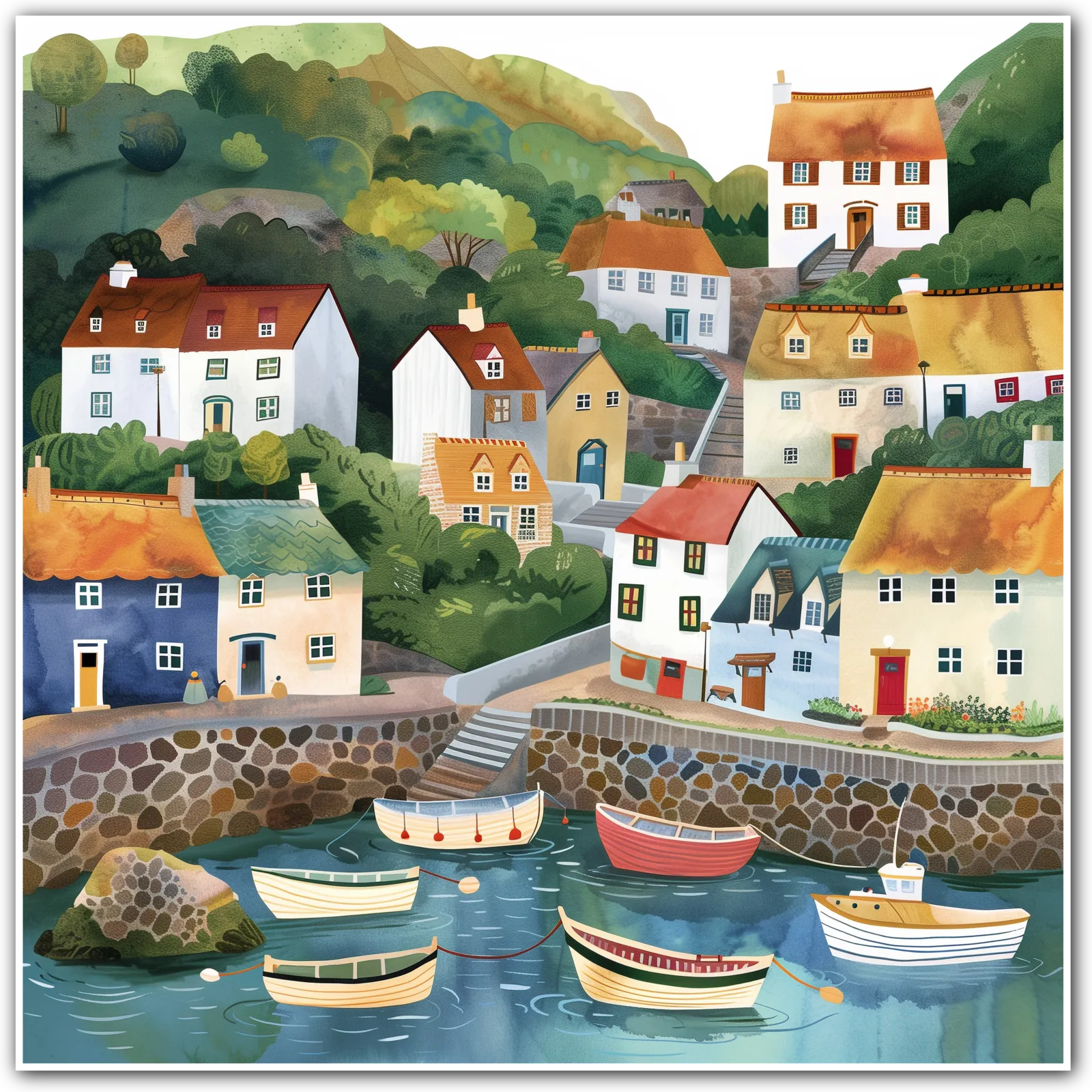 Illustration of a coastal village with colourful houses and boats in a harbour.