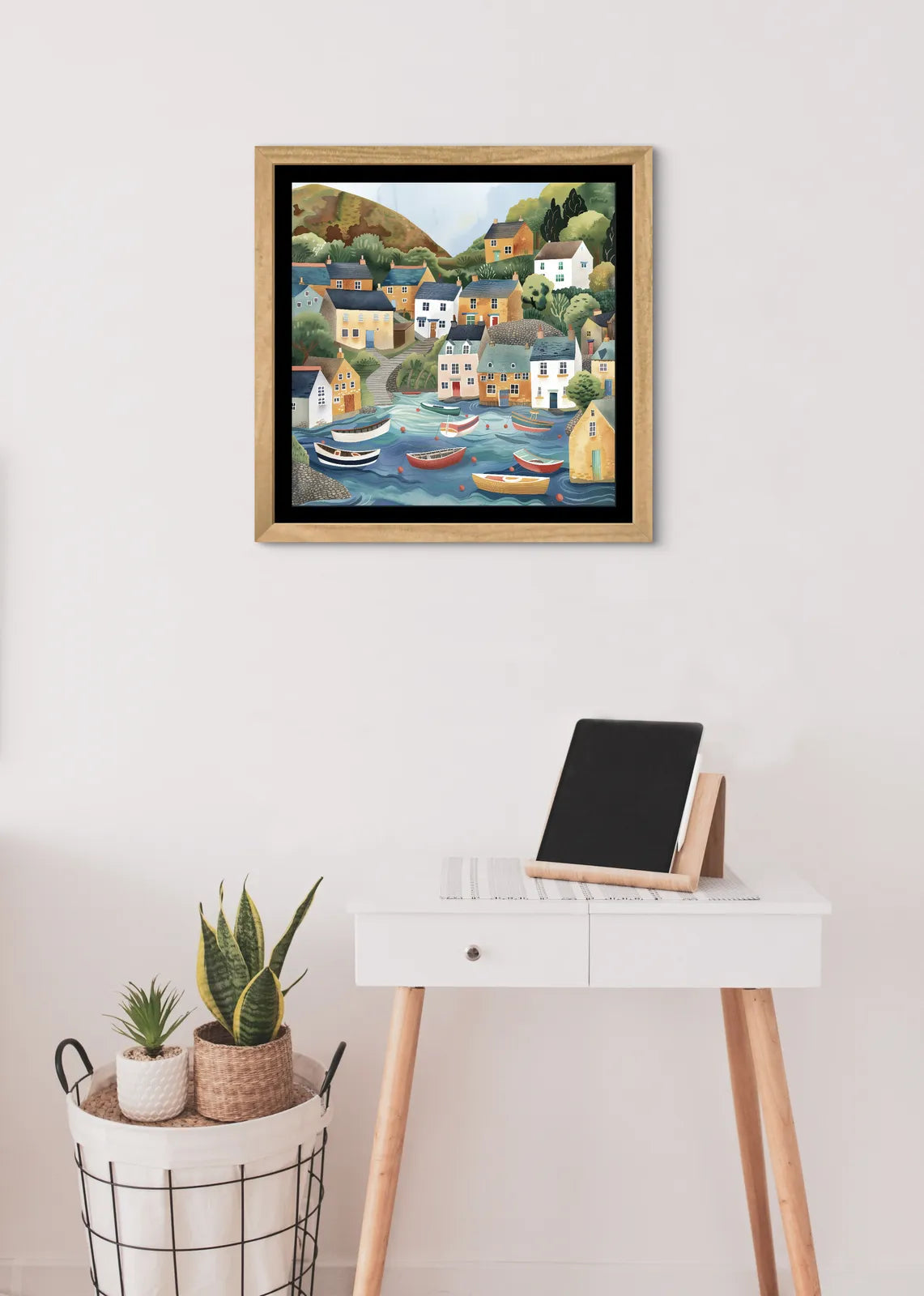 Colourful illustration of a coastal village with boats in the water and cottages on a hillside.