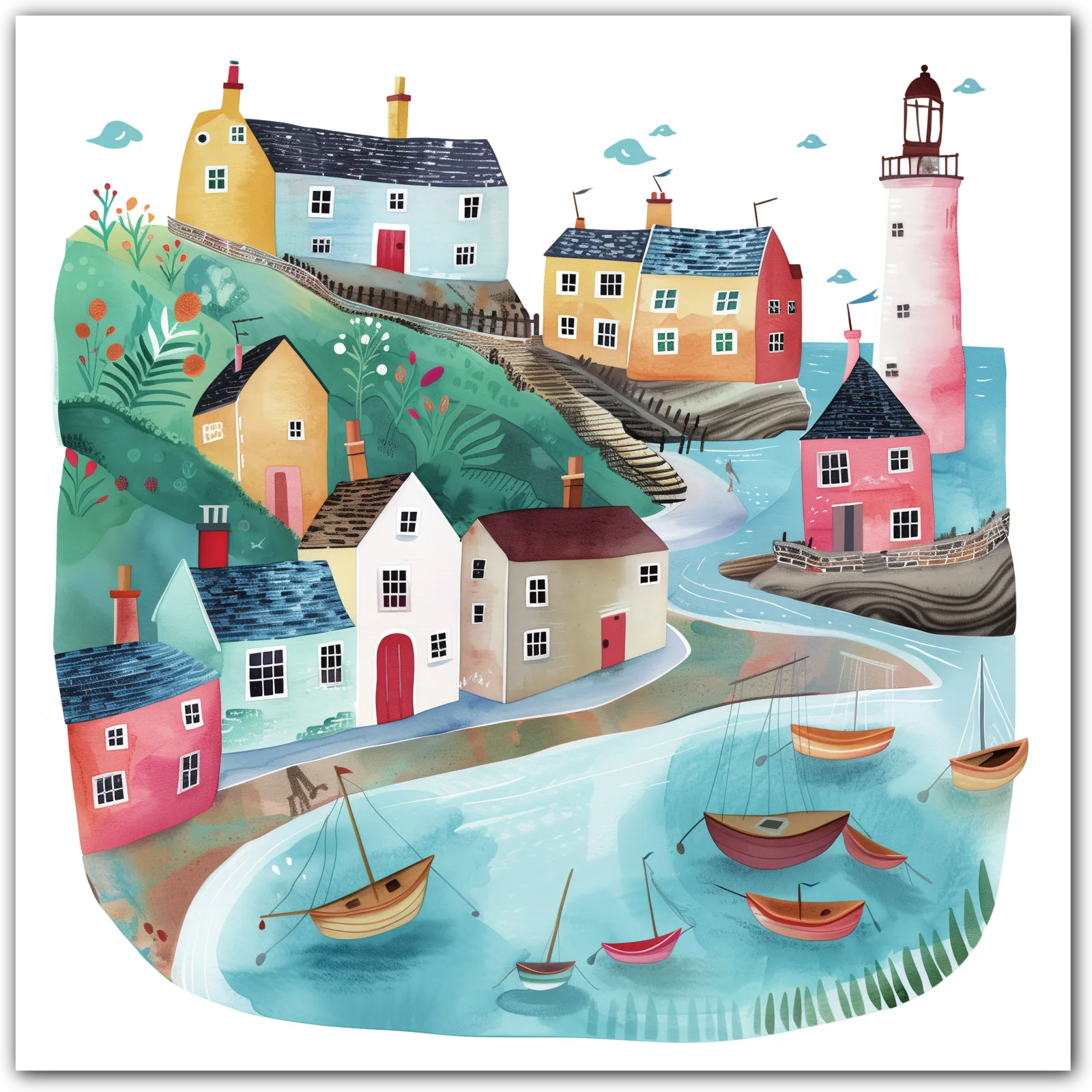 Illustrative art of a coastal village with cottages, a lighthouse, and boats.