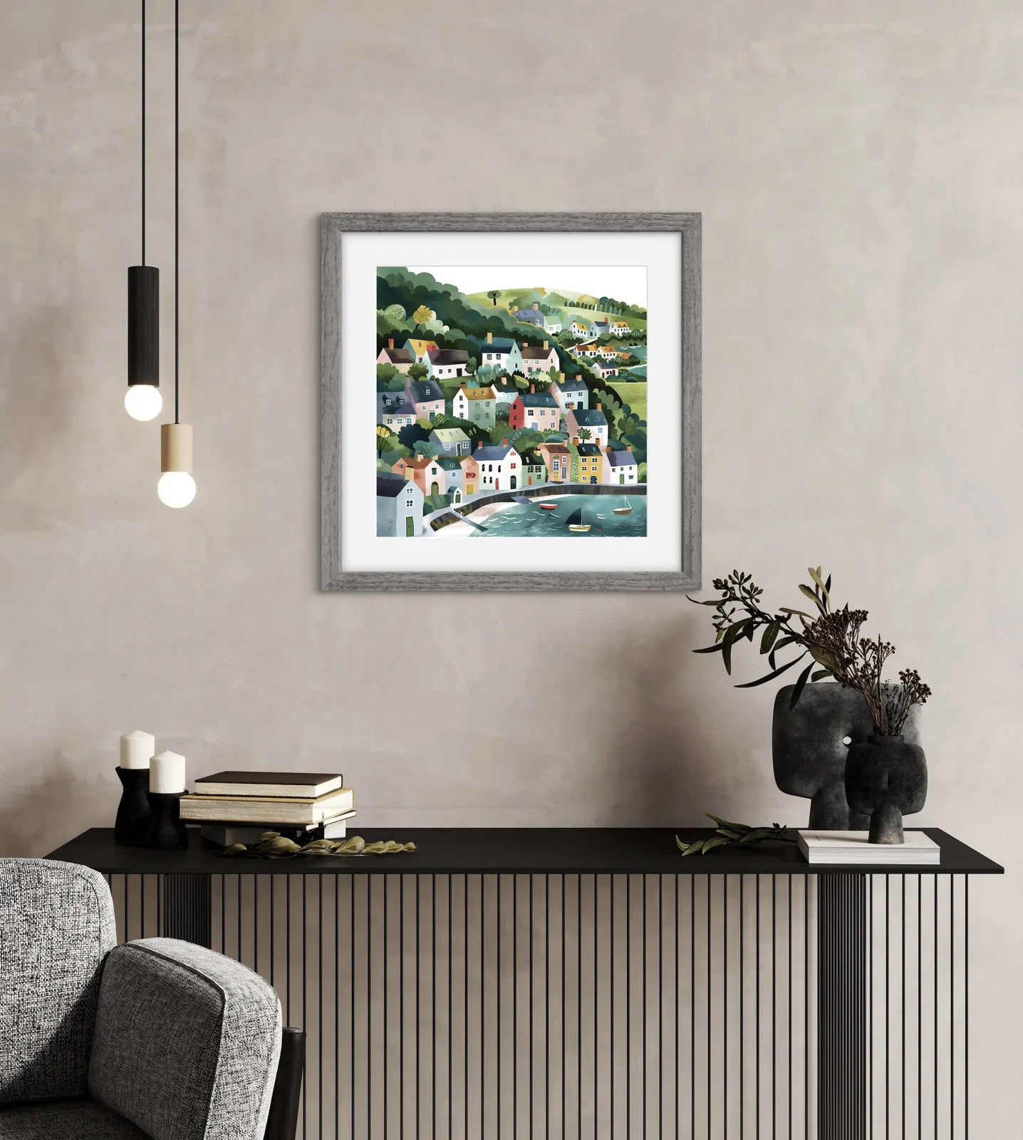 Colourful coastal village on hills with houses and boats.