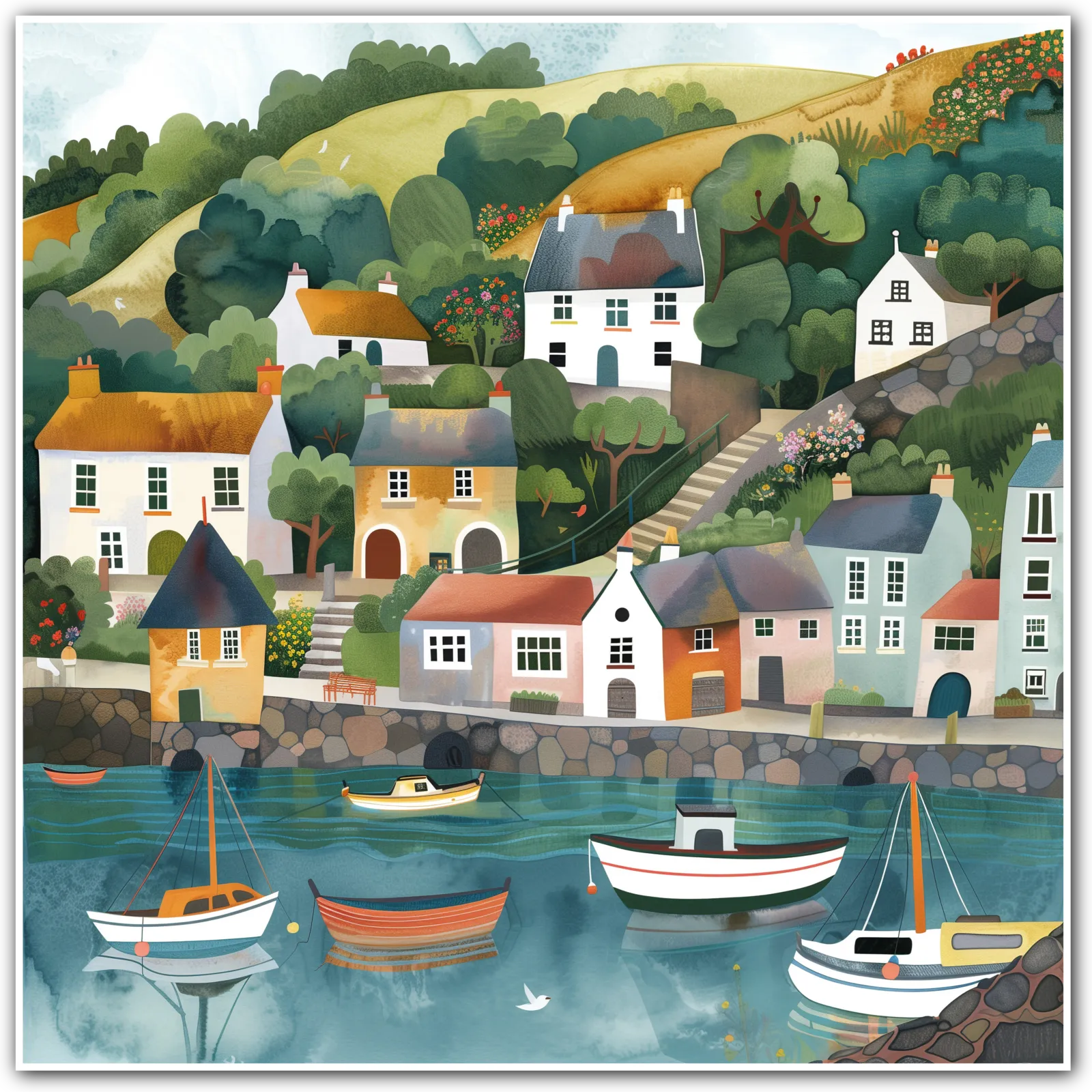 Charming coastal village with cottages, boats, and rolling hills in vibrant colours.