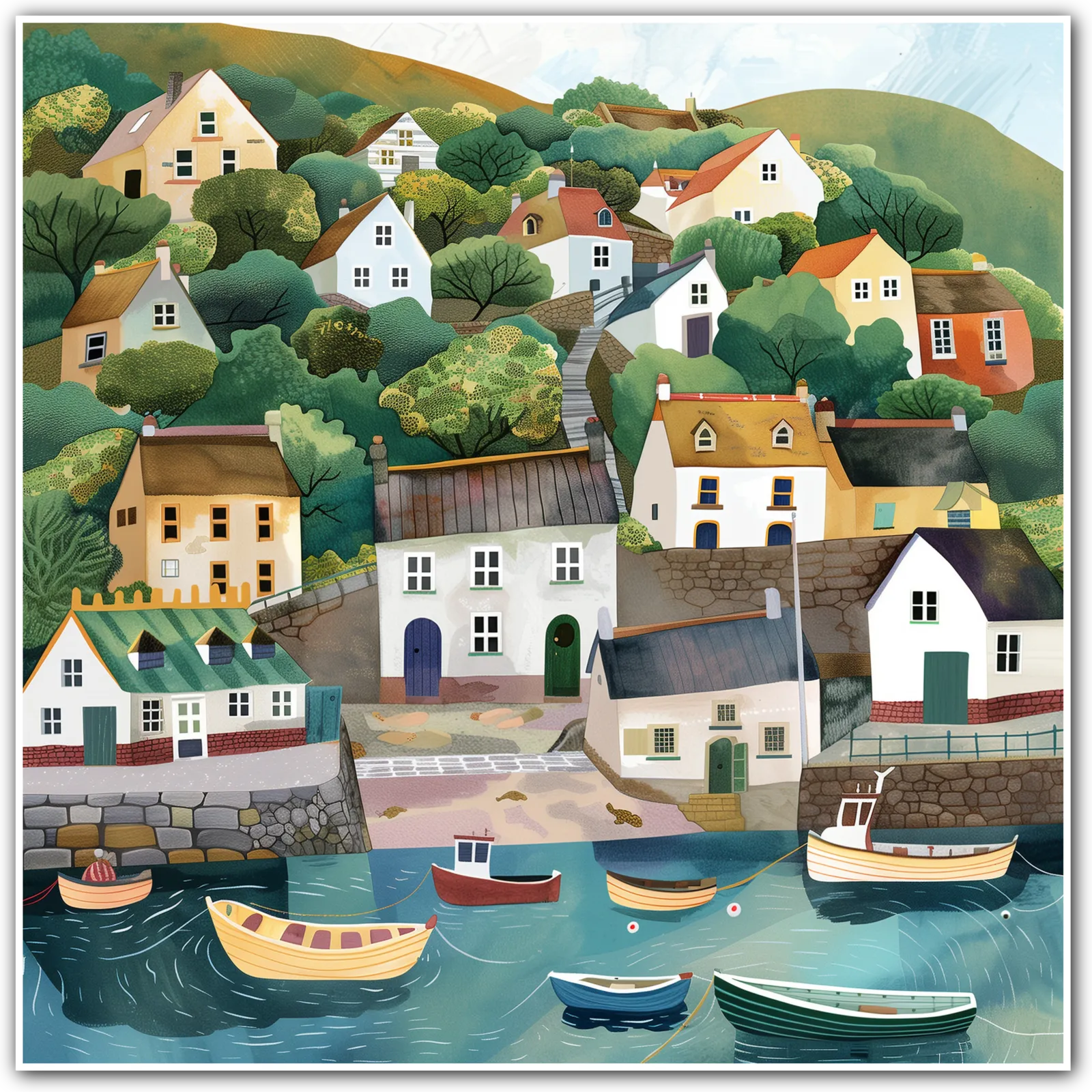 Artwork of a coastal village with colourful houses on a hill and boats in the harbour.
