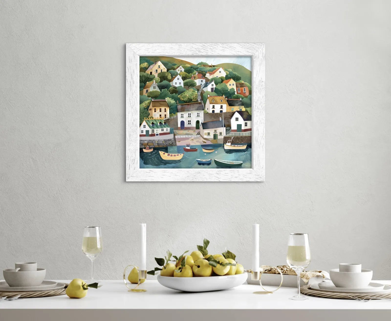 Artwork of a coastal village with colourful houses on a hill and boats in the harbour.