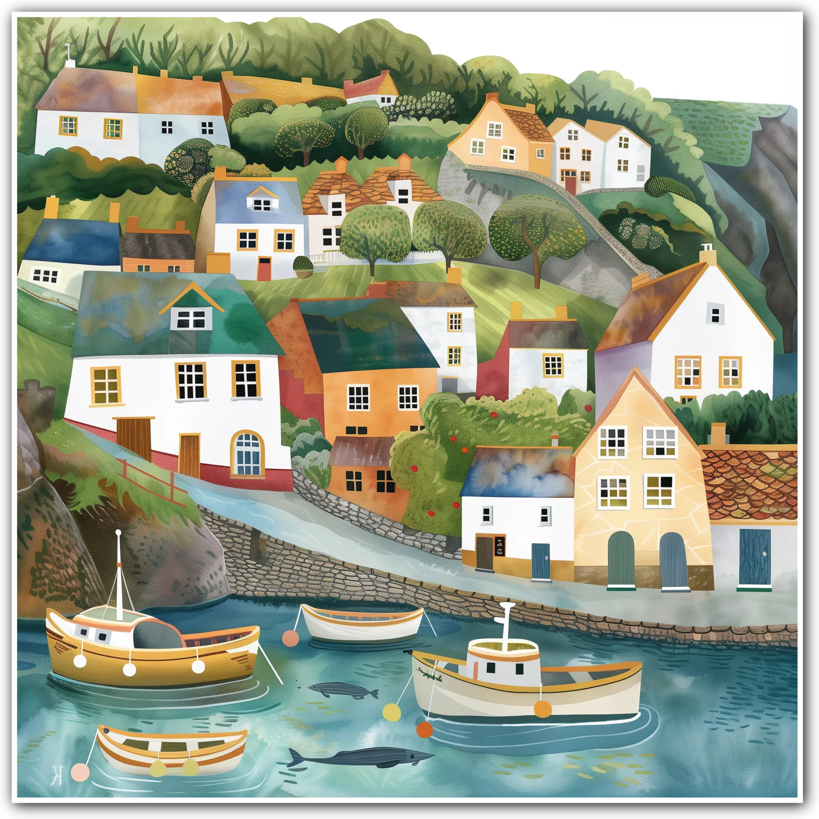 Art print depicting a colourful coastal village with boats in the harbour.