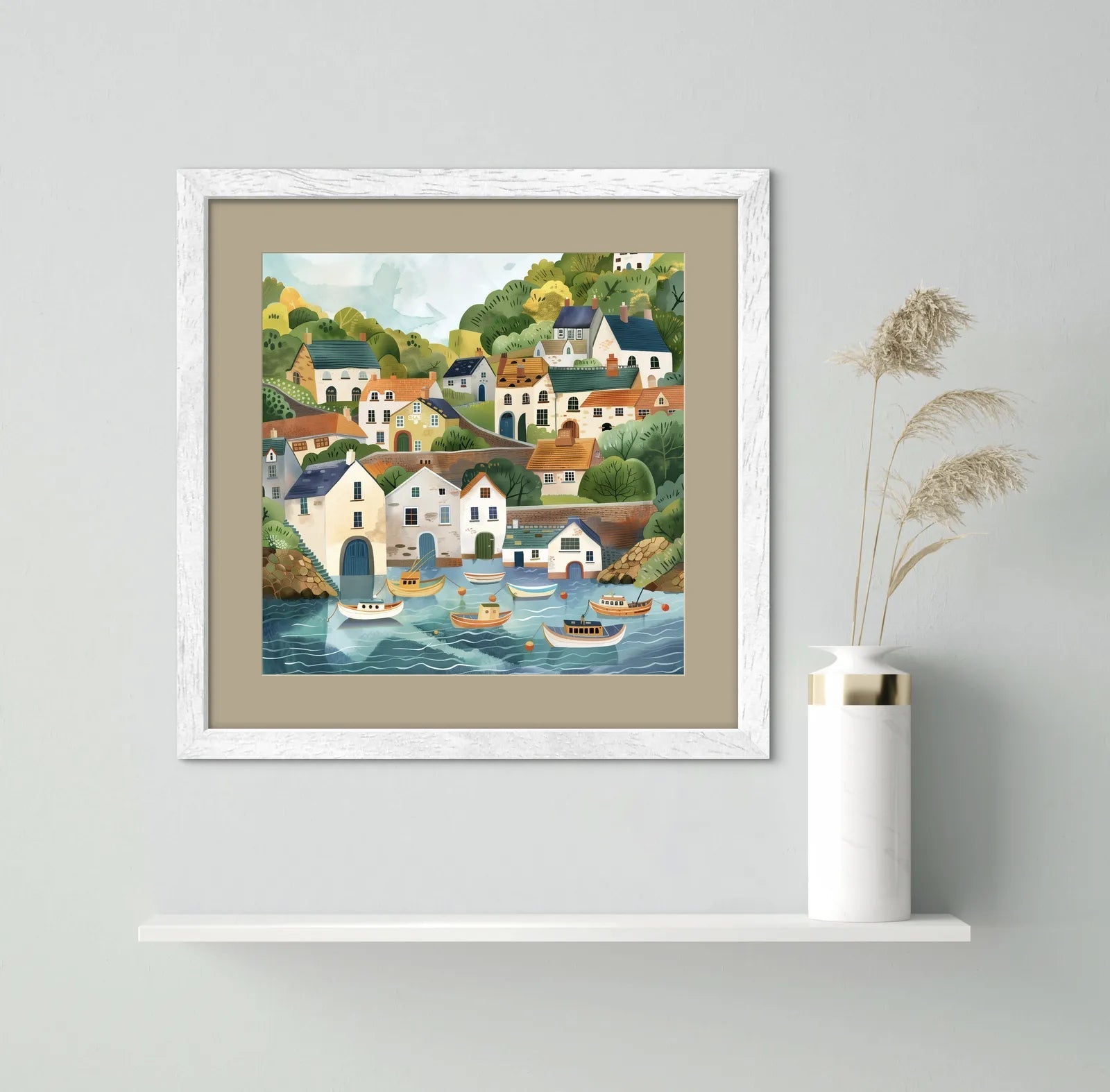 Art print of a coastal village with houses on a hillside and boats in the harbour.