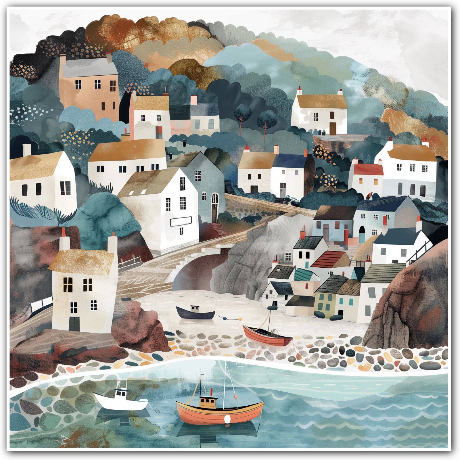 Art print of a coastal village with houses, boats, and soft pastel colours.