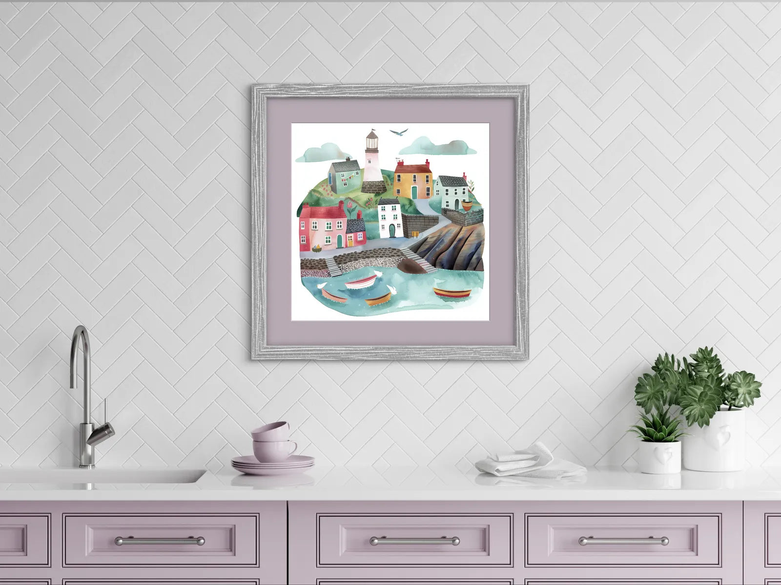 Watercolour painting of a coastal village with lighthouse, colourful houses, and boats in the harbour.