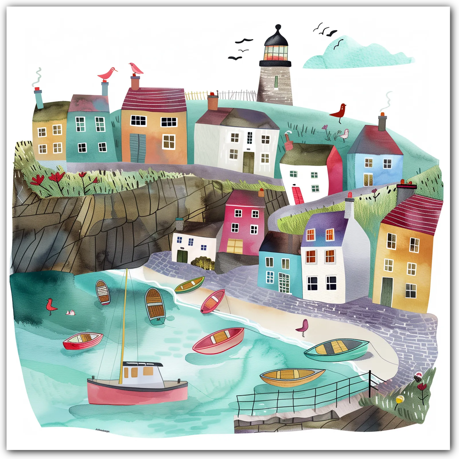 Colourful coastal village with boats, lighthouse, and cottages.