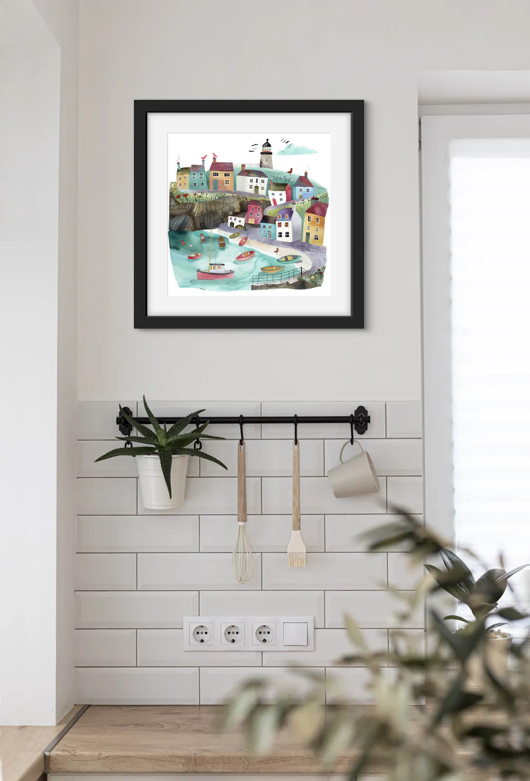 Colourful coastal village with boats, lighthouse, and cottages.