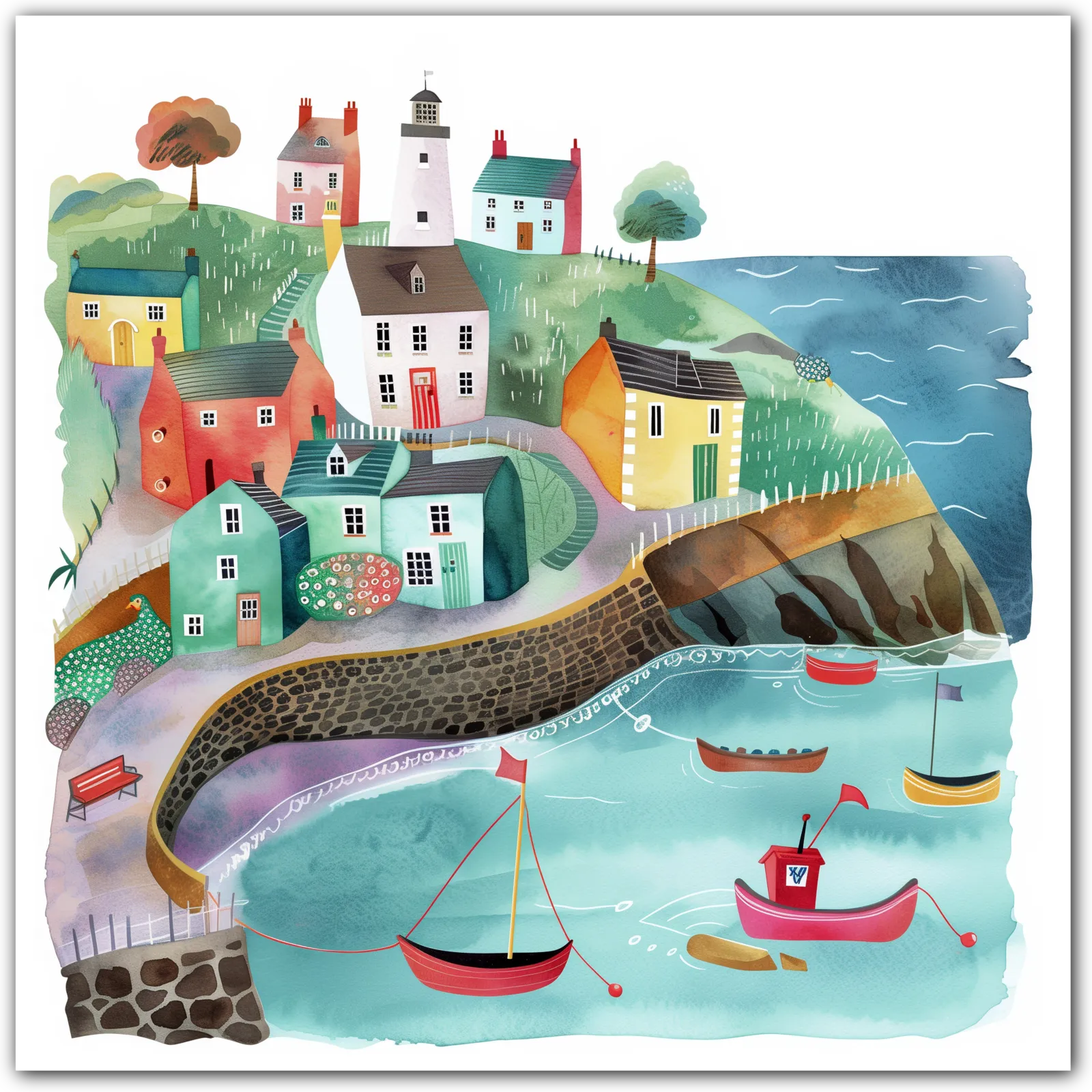 Illustration of a vibrant coastal village with colourful houses and boats.