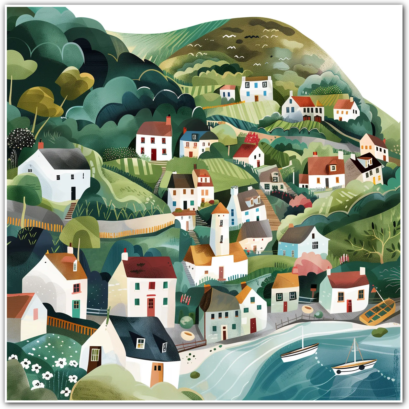 Coastal Village by the Hill Art Print
