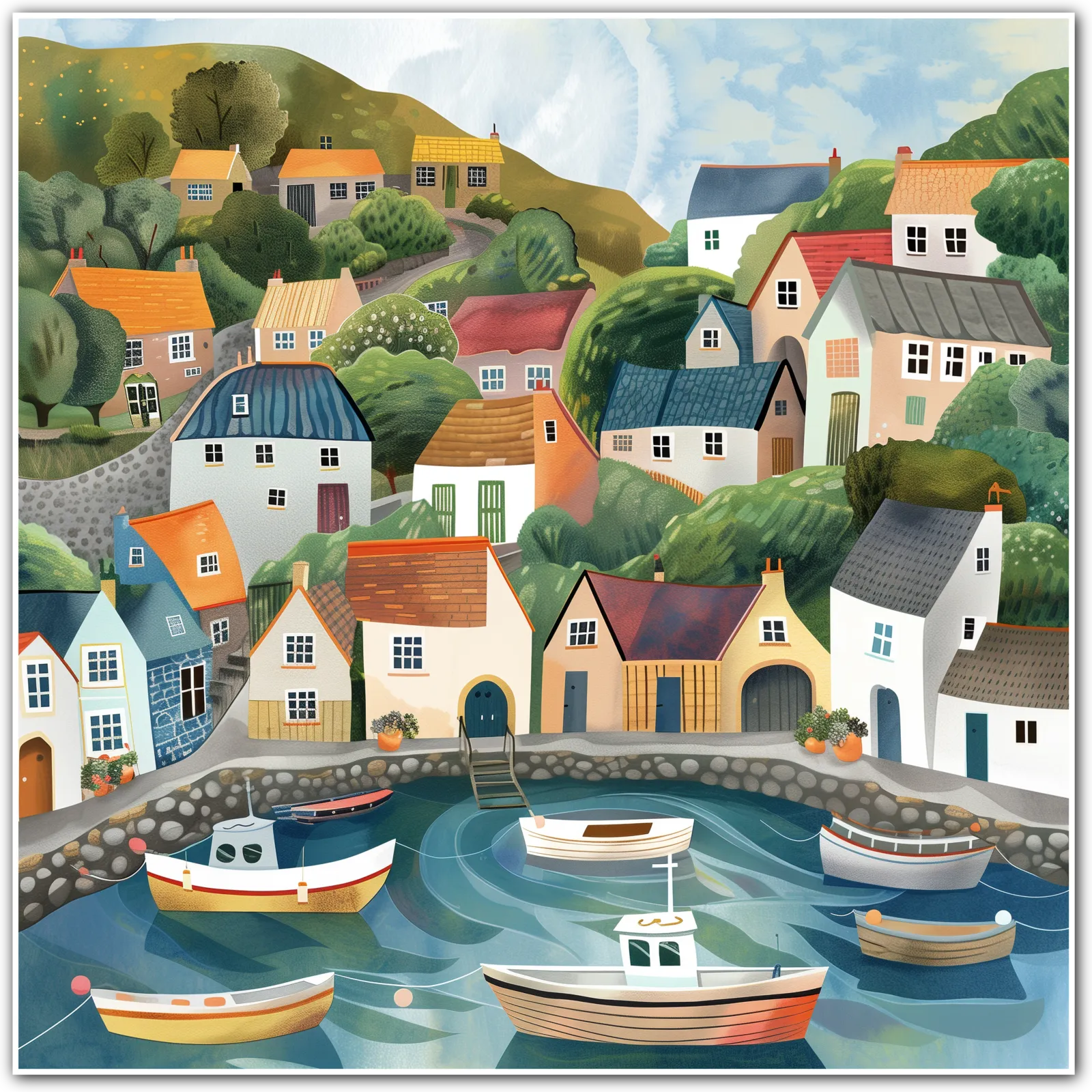 Coastal Village Harbour Art Print