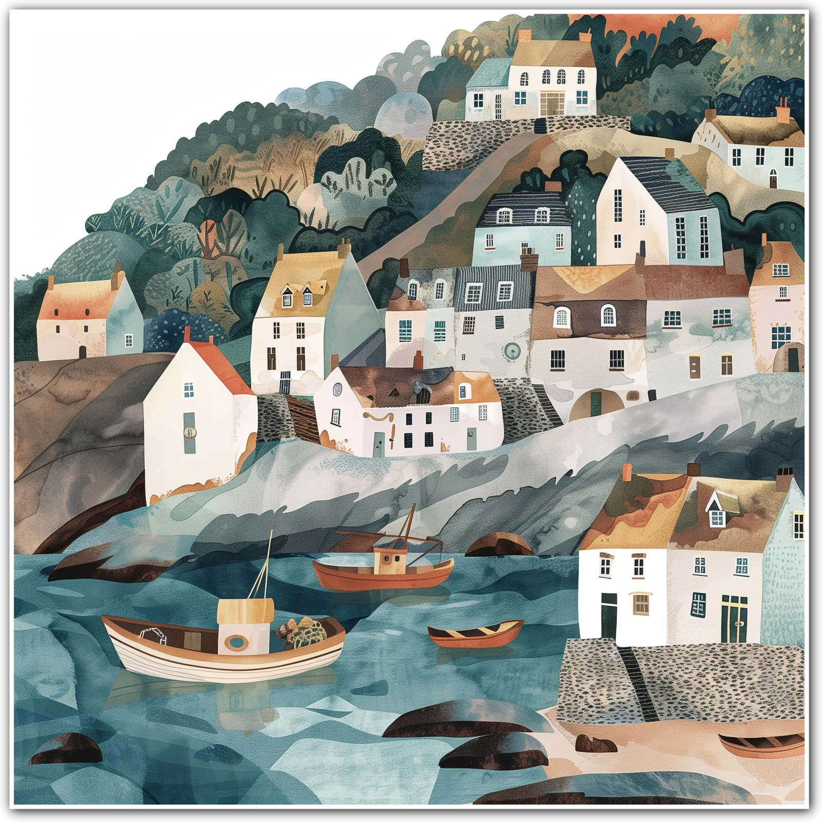 Coastal Village at Dawn Art Print