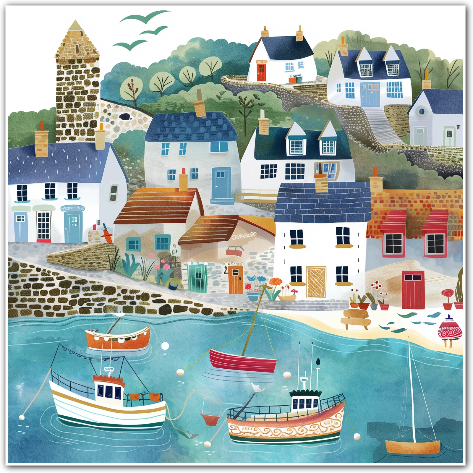 Historic Tower Overlooking the Seaside Village Art Print