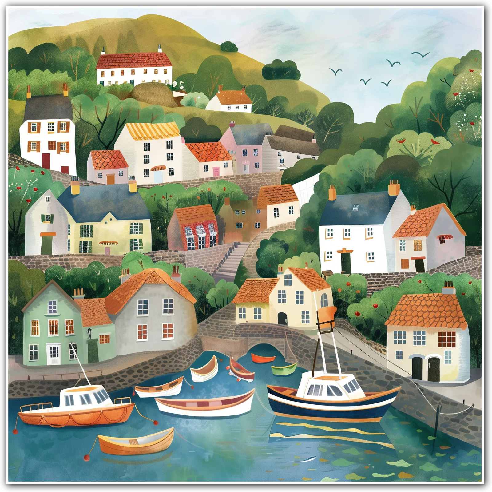Sunny Seaside Village by the Harbour Art Print