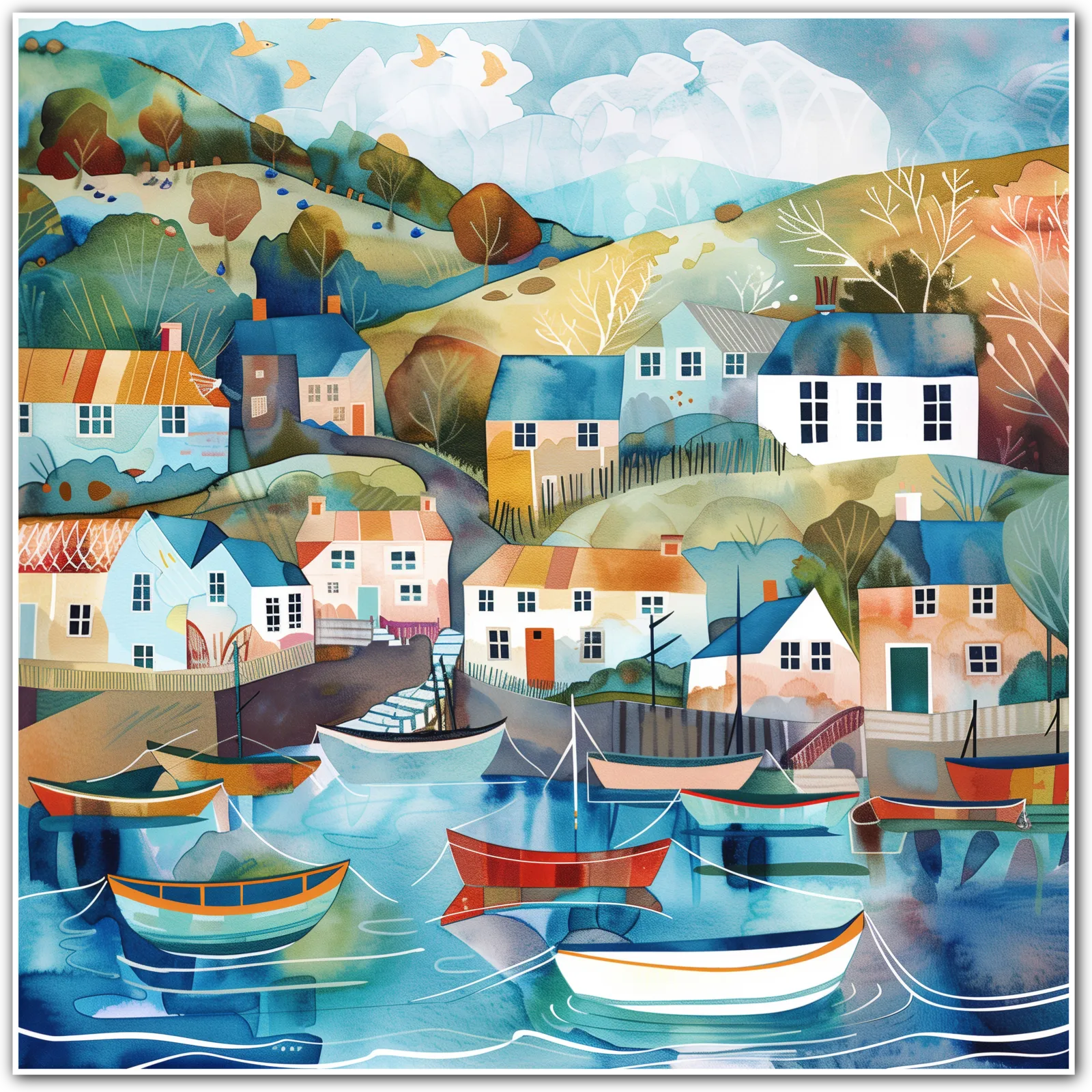 Harbour Village with Rolling Green Hills Art Print