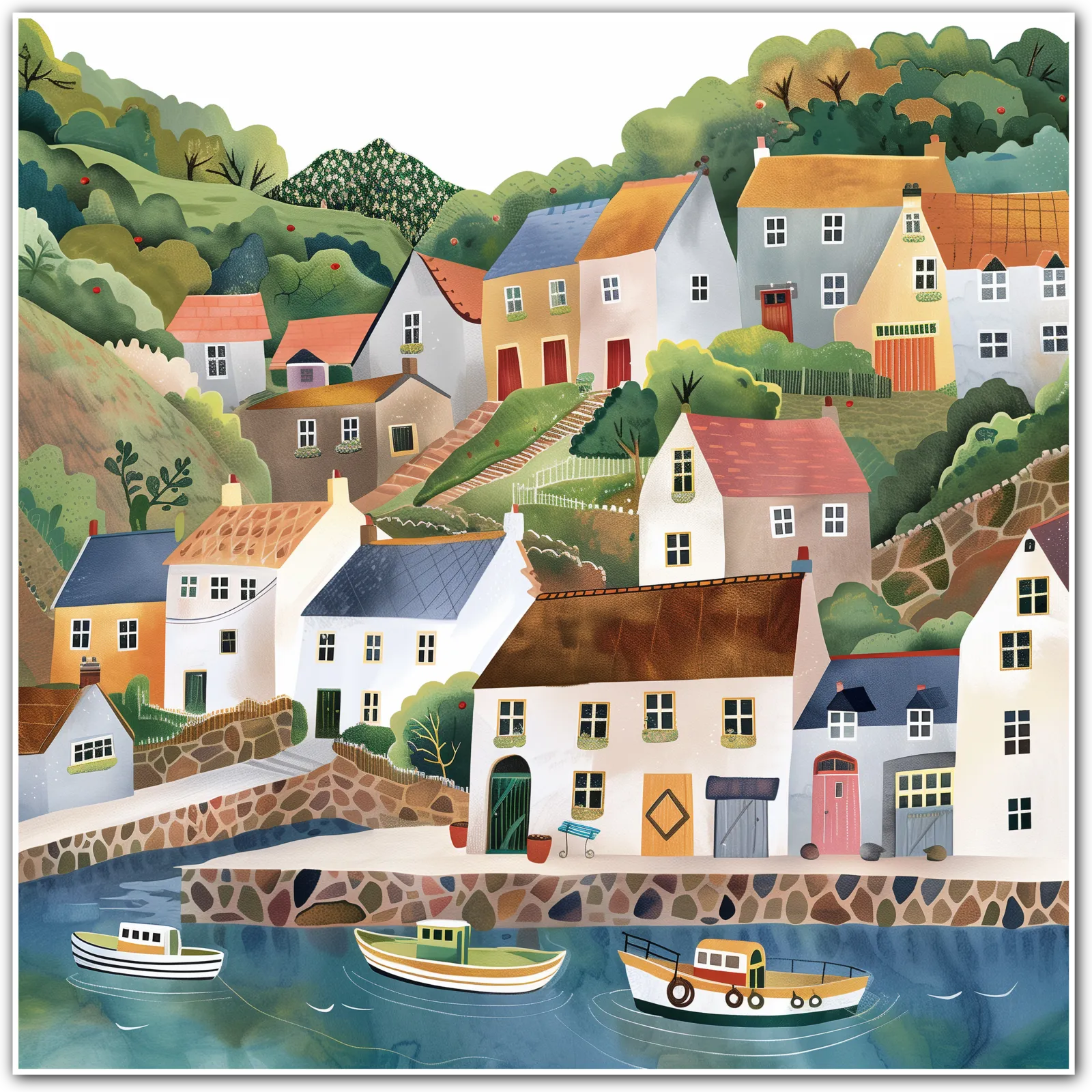 Hillside Harbour with Colourful Boats Art Print