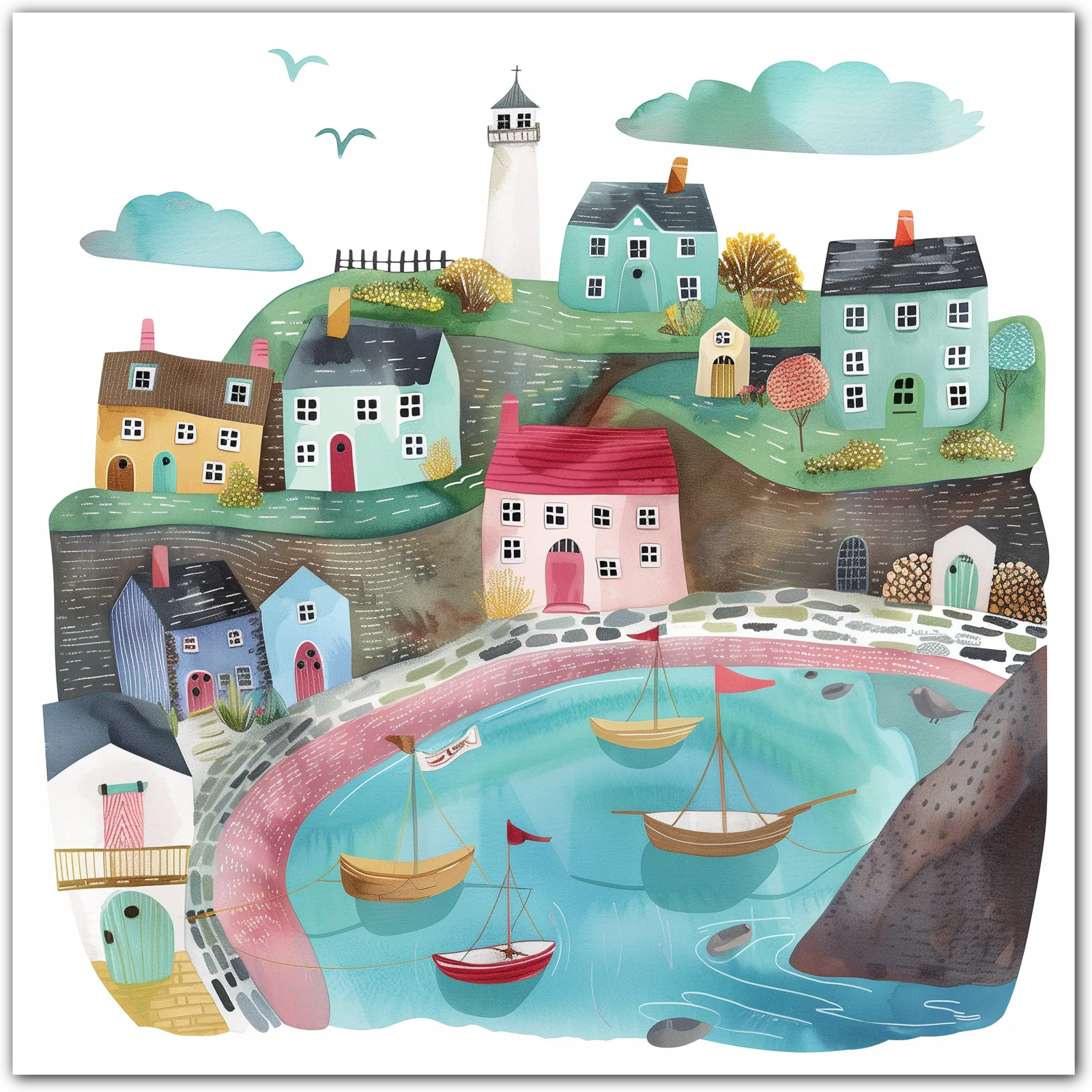 Lighthouse Overlooking the Seaside Village Art Print