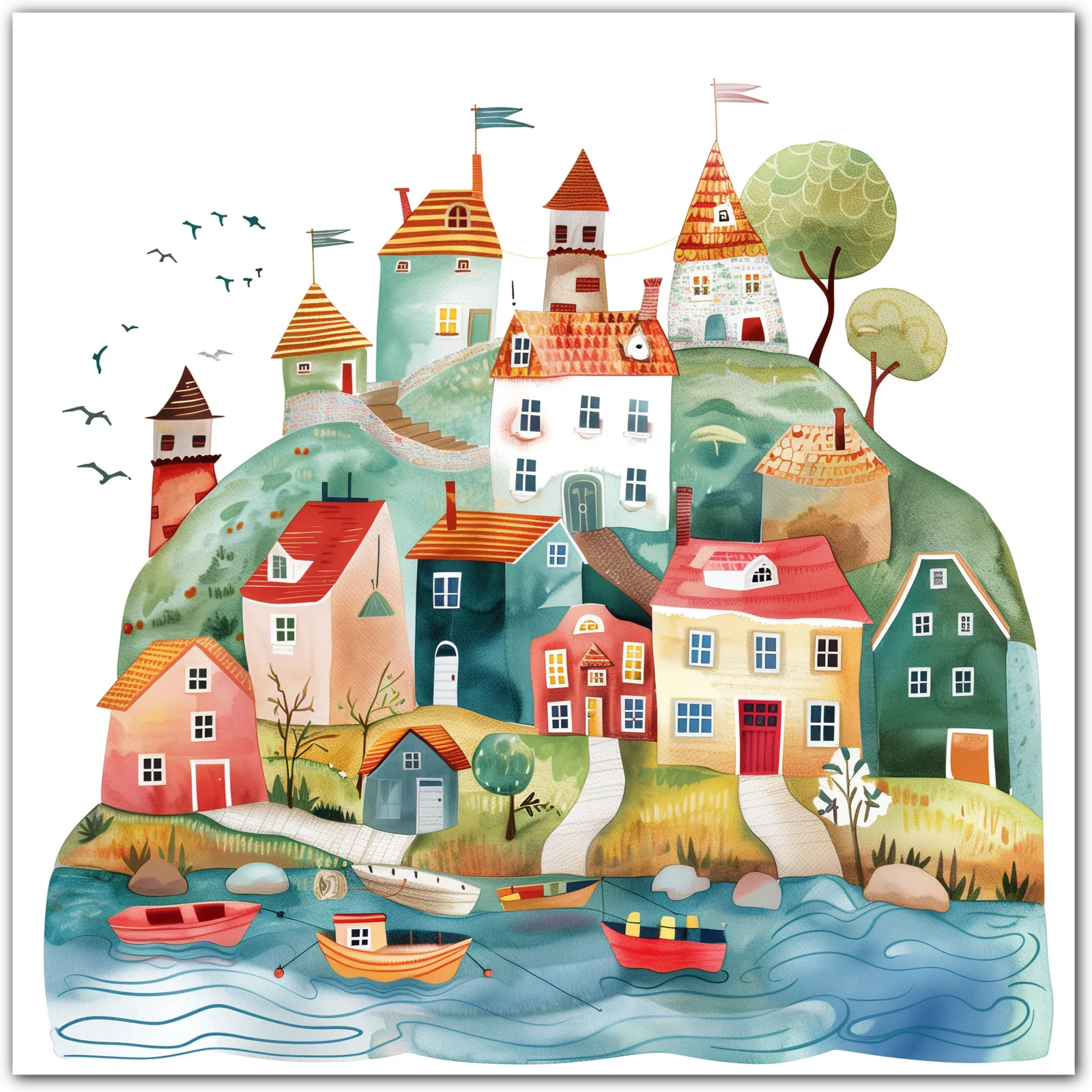 Whimsical Seaside Village with Colourful Homes Art Print