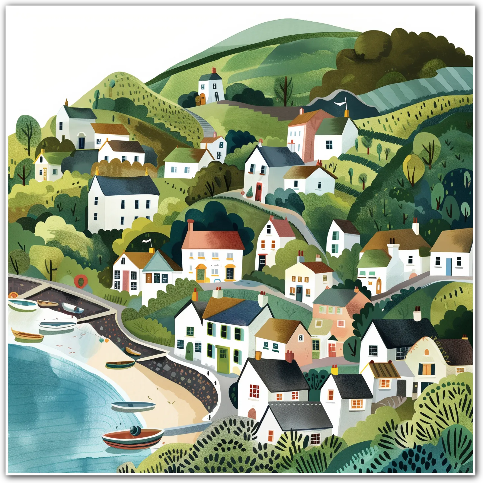 Hillside Village Overlooking the Seaside Art Print
