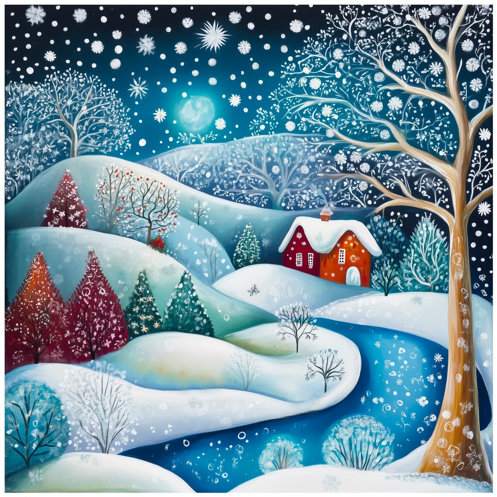 Snowy Hillside Cottage Art Print Enchanted Winter Stream 3