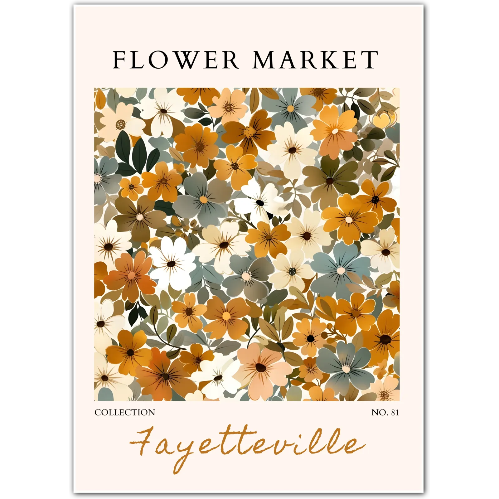 Fayetteville Flower Market Art Print with Soft Neutral Blooms and Layered Foliage
