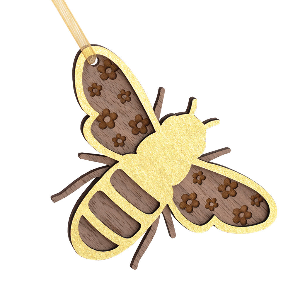 Golden Bee Hanging Decoration with Walnut Floral Detail