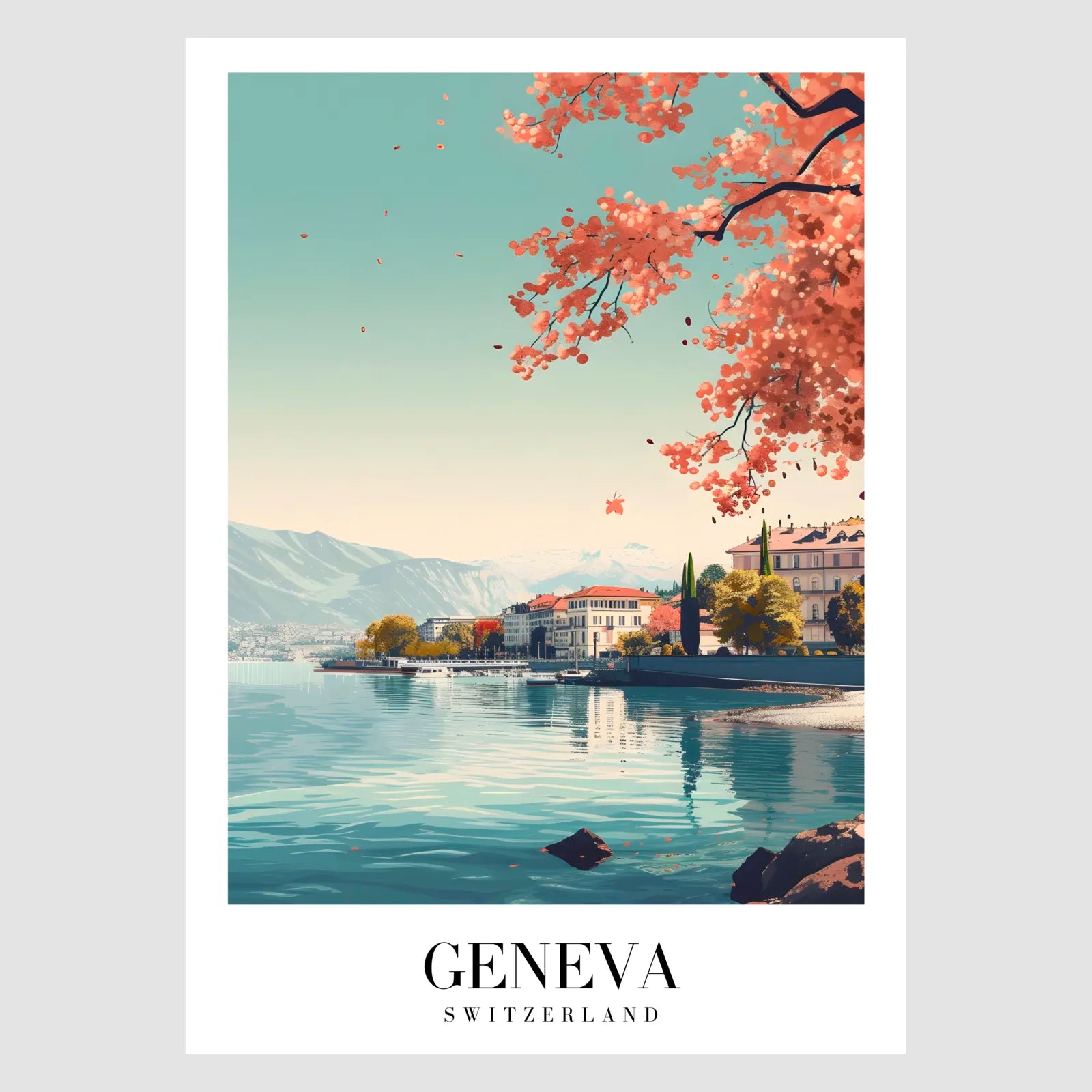 Geneva Waterscape Art Print With Blossoms, Mountains, And Grand Homes 1