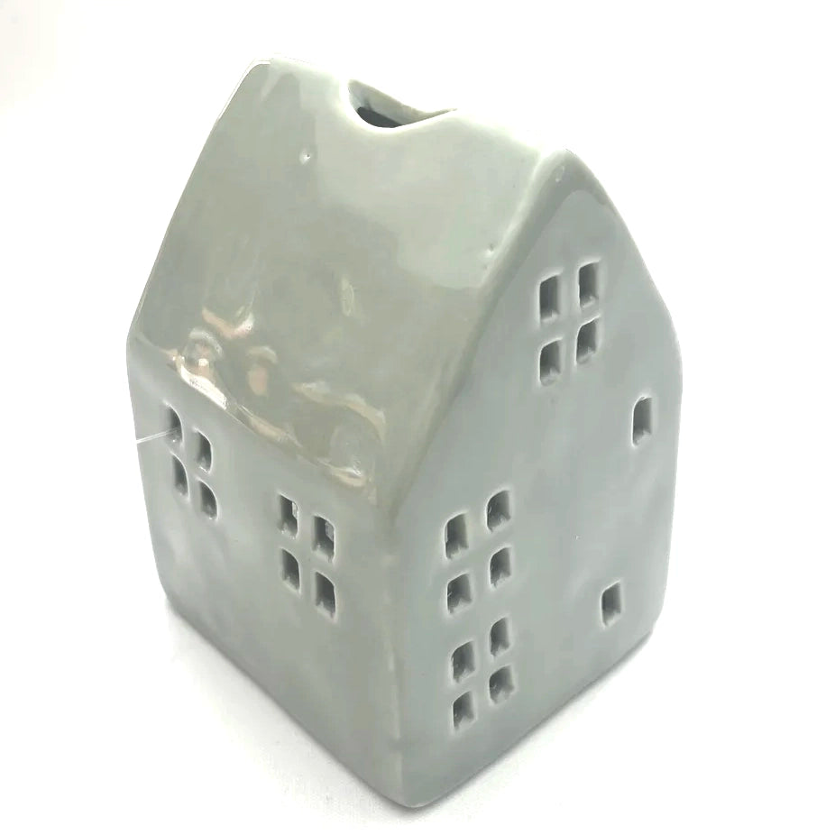 Grey Glazed Ceramic House with Square Windows for Tealights and Incense Cones