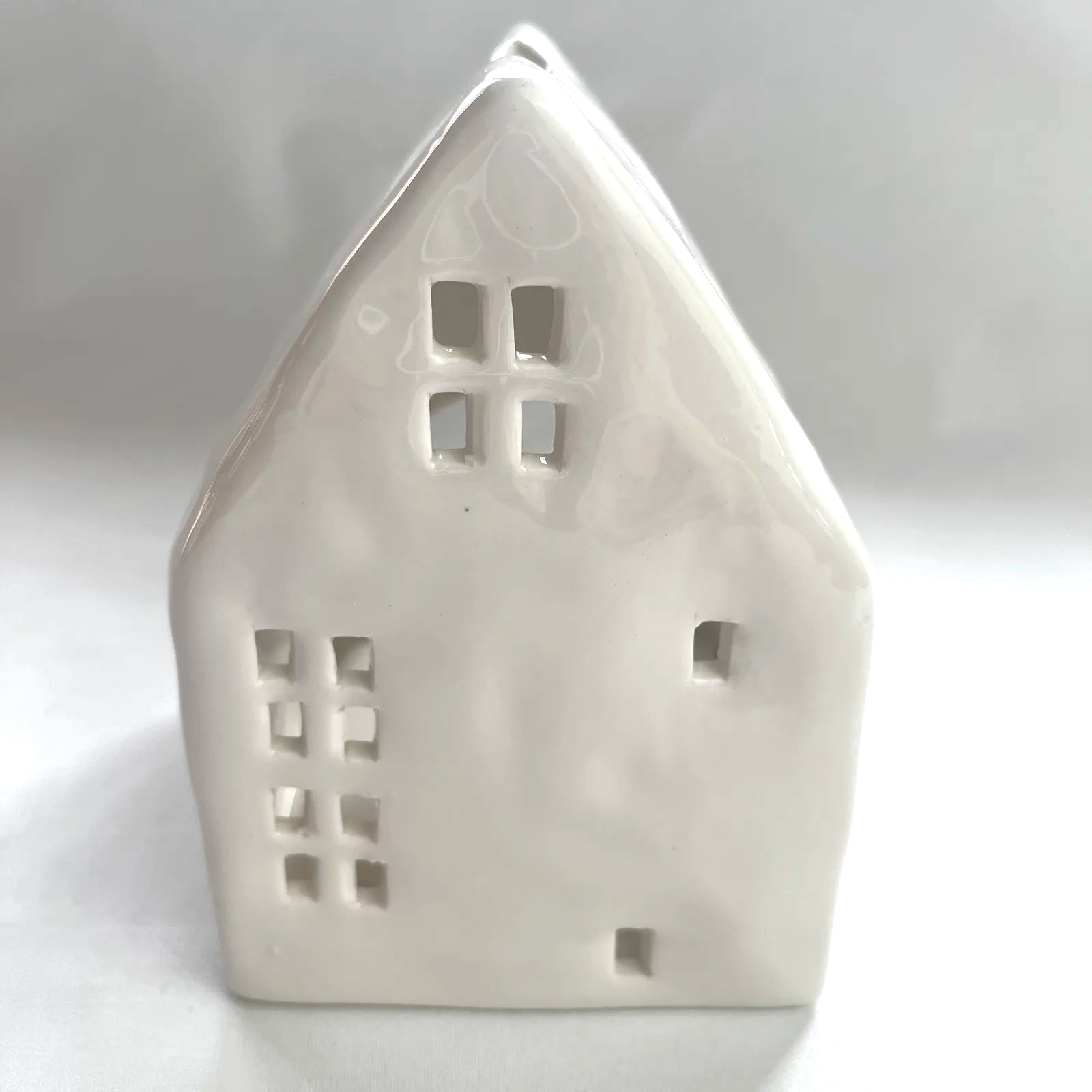 White Glazed Ceramic House with Square Windows for Tealights and Incense Cones