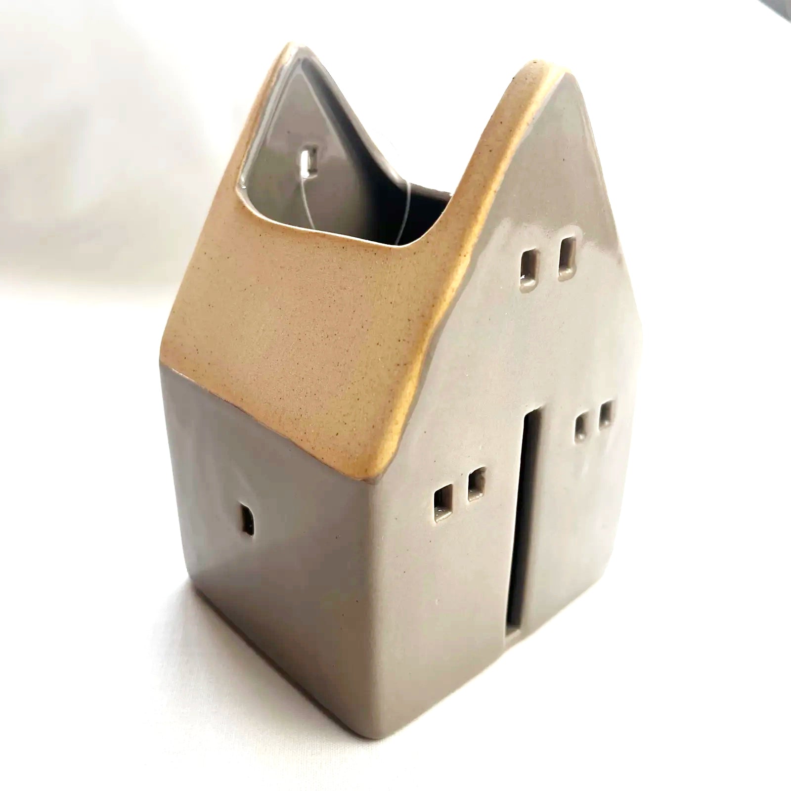 Handmade Dark Grey Glazed Ceramic House for Tealights and Incense Cones